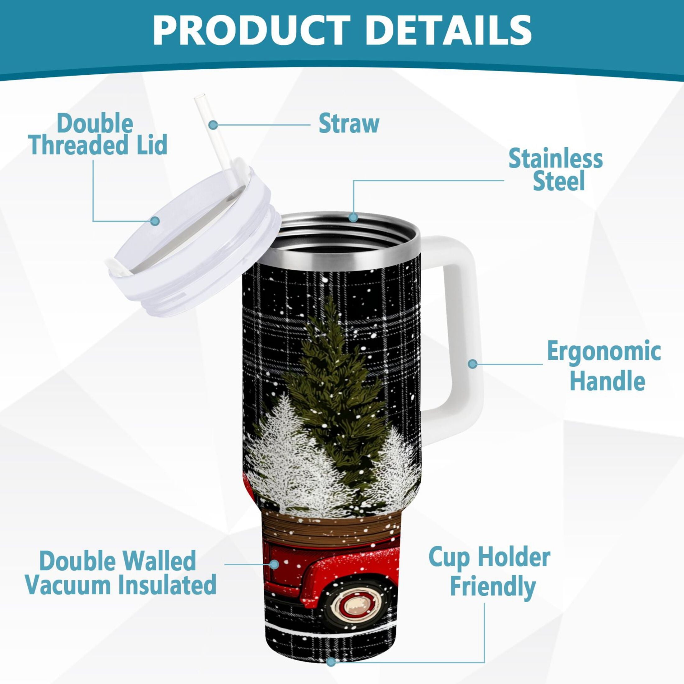 40 oz Insulated Stainless Steel Tumbler Double Wall Stainless Steel Tumbler with 2-Way Drinking Red Truck with Christmas Tree VV28
