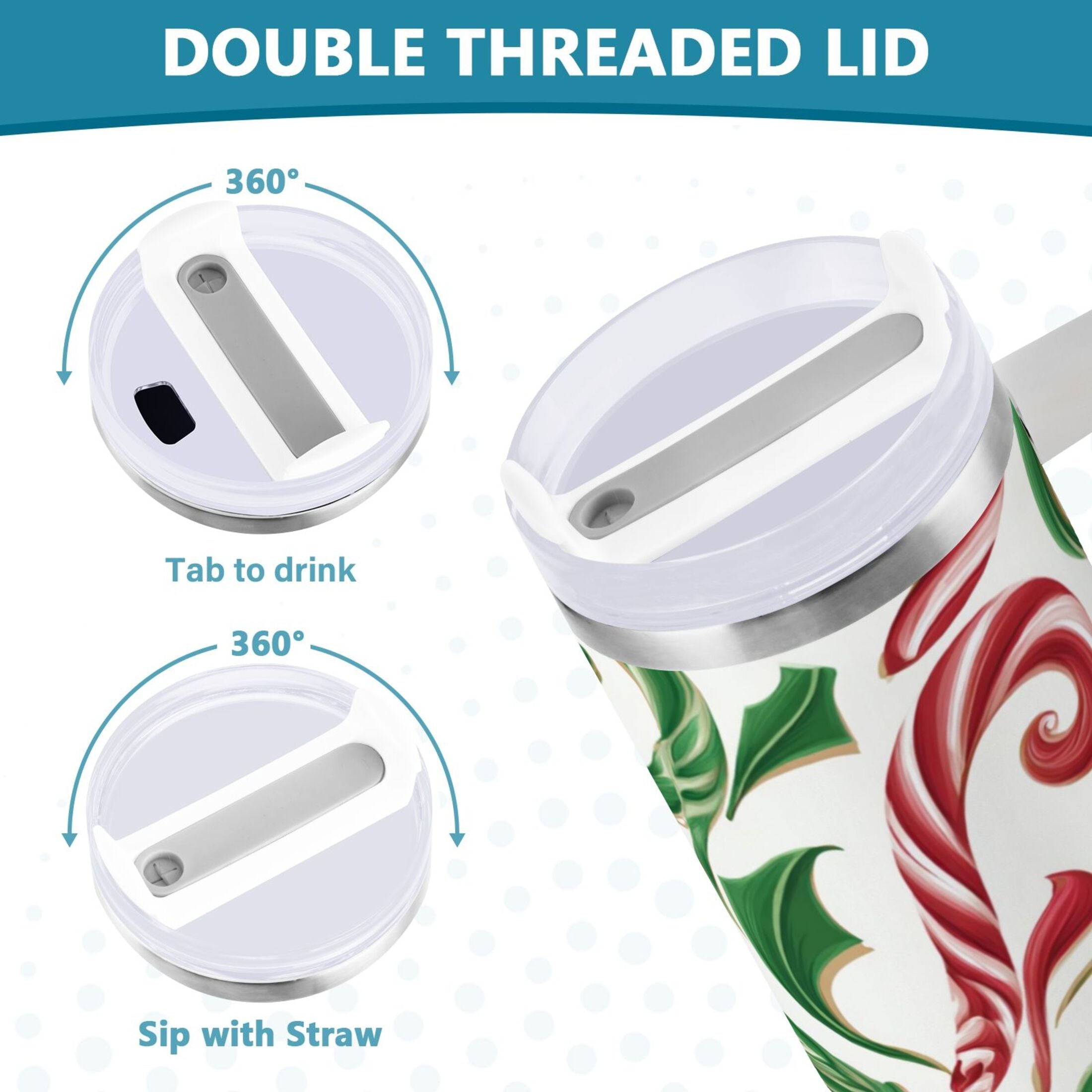 40 oz Insulated Stainless Steel Tumbler Double Wall Stainless Steel Tumbler with 2-Way Drinking Red and Green Candy-cane ARAG