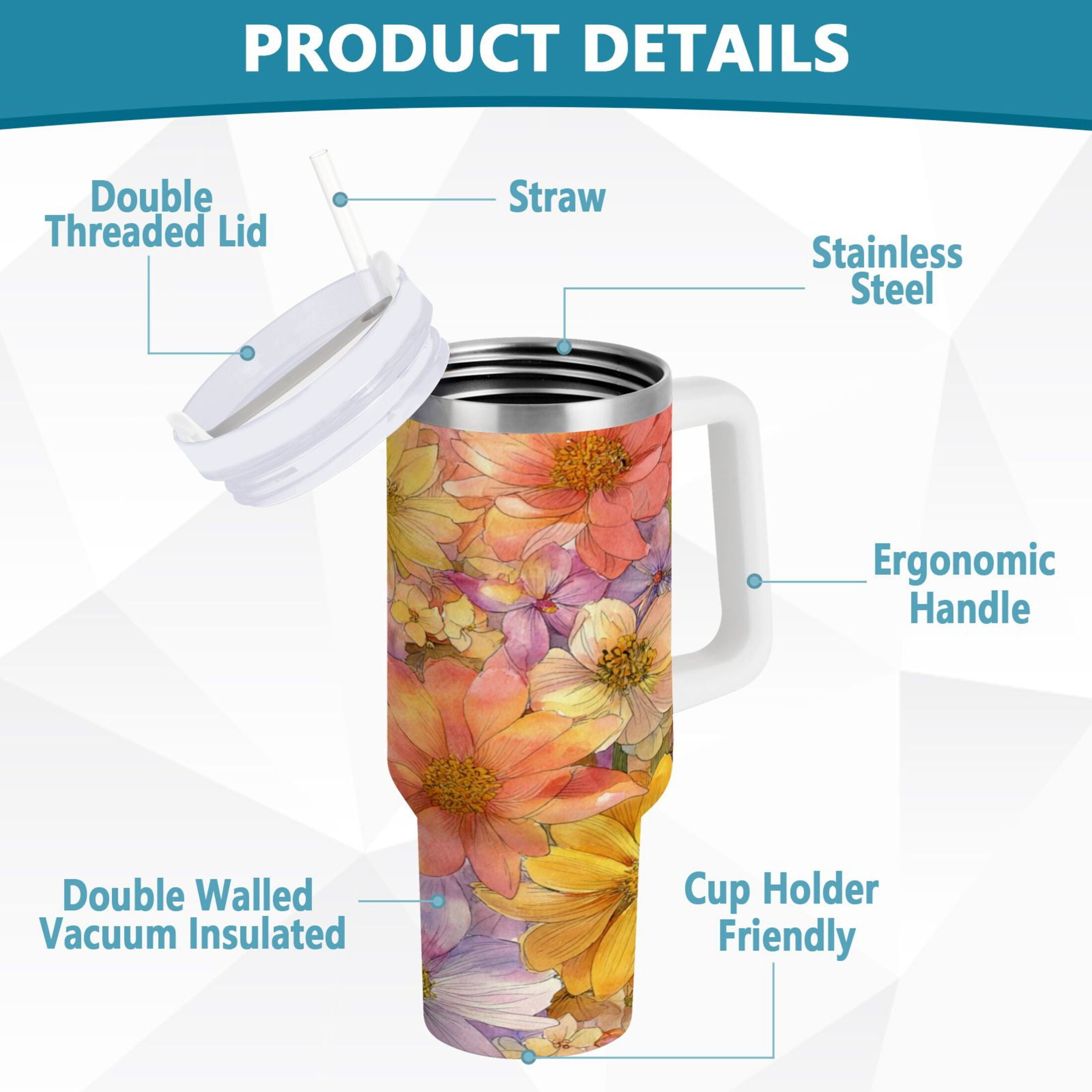 30 oz Insulated Stainless Steel Tumbler Double Wall Stainless Steel Tumbler with 2-Way Drinking Summer Blossoms QNMI