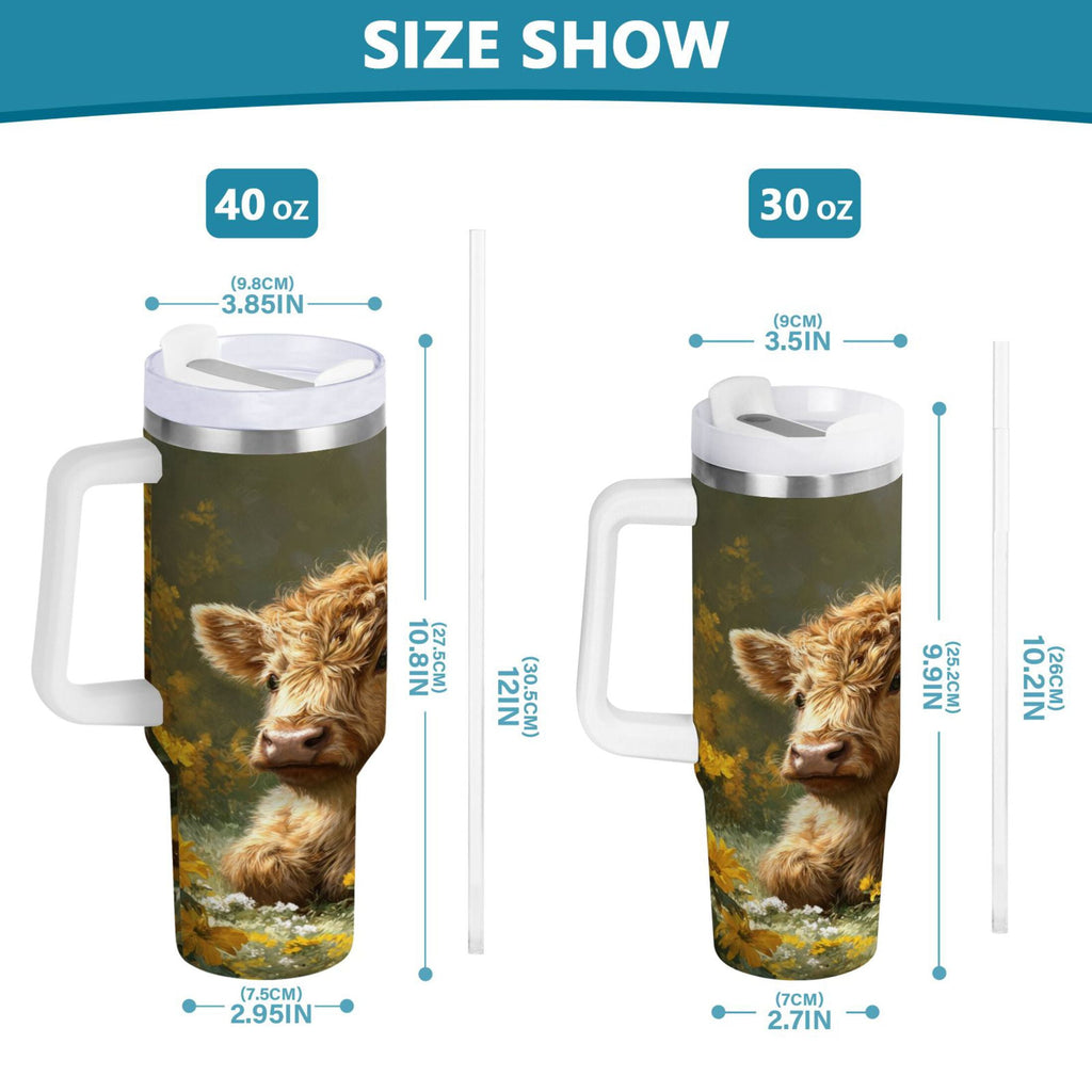 40 oz Insulated Stainless Steel Tumbler Double Wall Stainless Steel Tumbler with 2-Way Drinking Cow Lying in Sunflowers 36XG