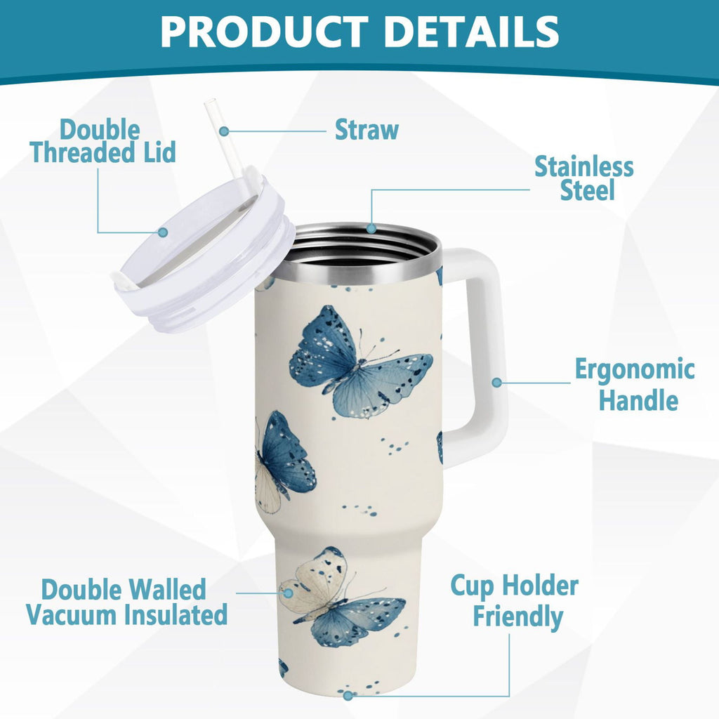 30 oz Insulated Stainless Steel Tumbler Double Wall Stainless Steel Tumbler with 2-Way Drinking Blue Watercolor Butterflies UQ86