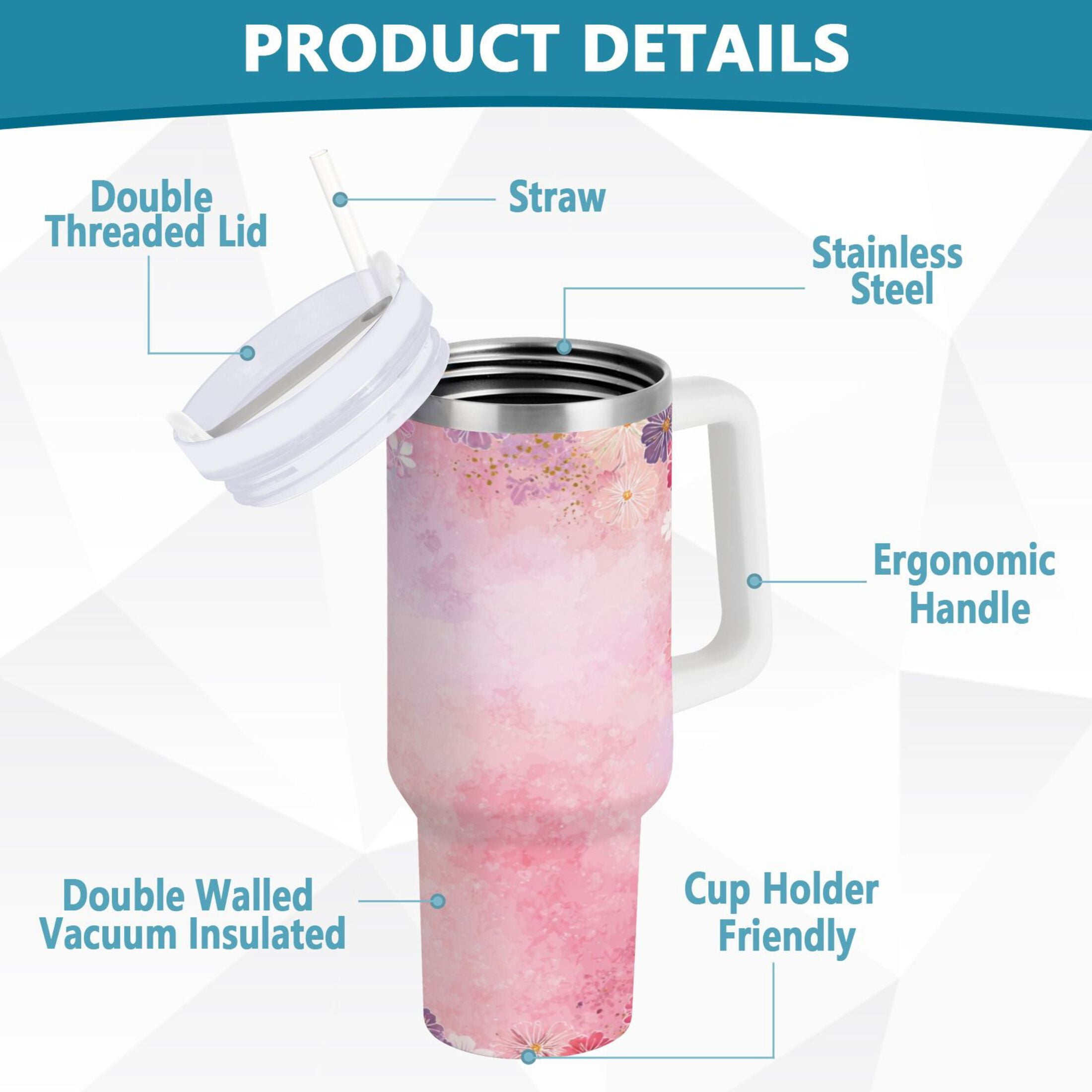 30 oz Insulated Stainless Steel Tumbler Double Wall Stainless Steel Tumbler with 2-Way Drinking Colorful Pastel Floral Pattern R0CV