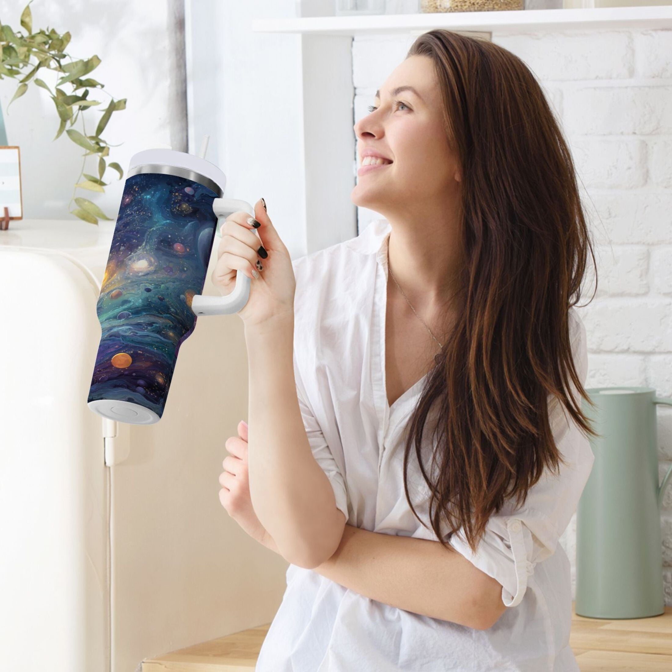 30 oz Insulated Stainless Steel Tumbler Double Wall Stainless Steel Tumbler with 2-Way Drinking Vibrant and Colorful Universe A2CF