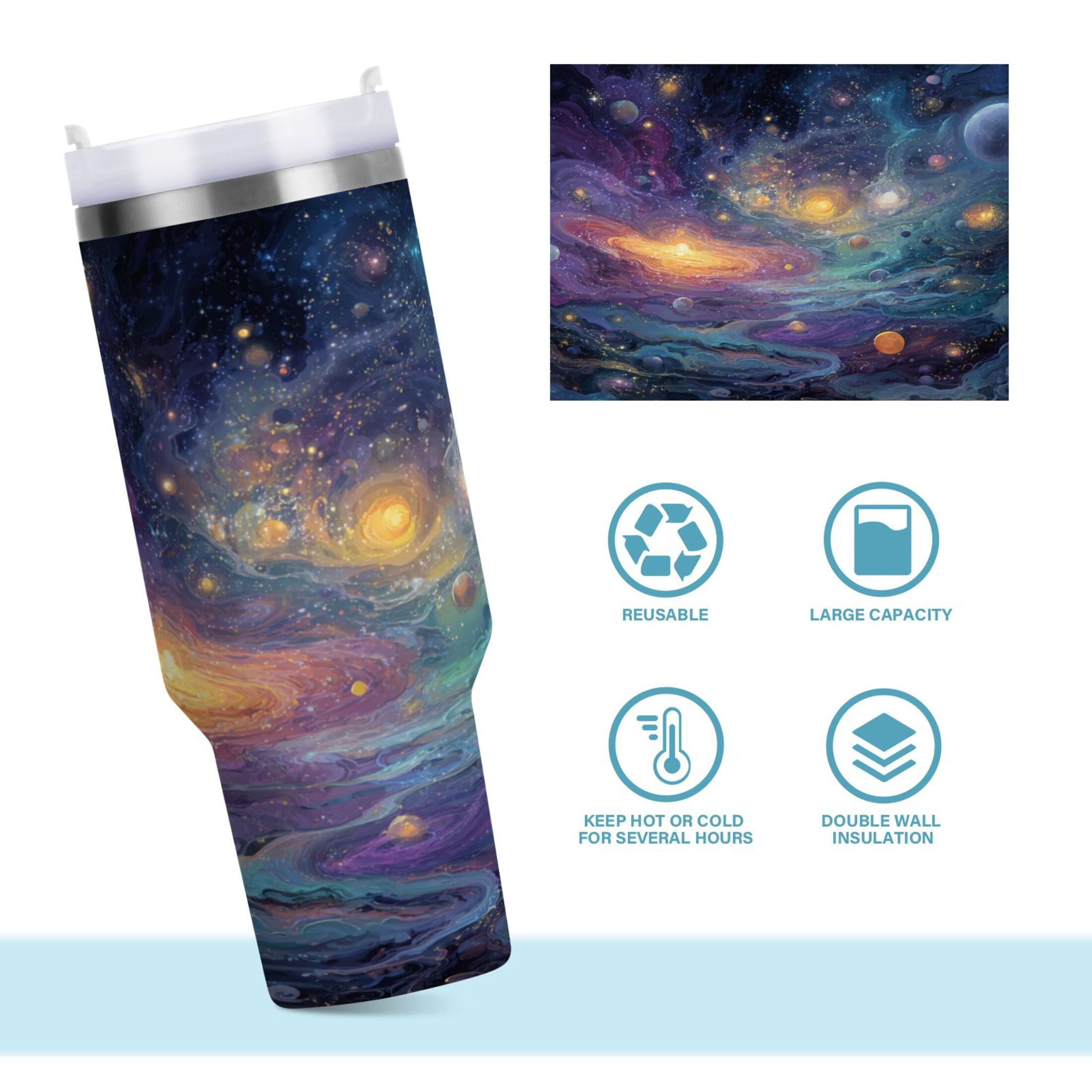 30 oz Insulated Stainless Steel Tumbler Double Wall Stainless Steel Tumbler with 2-Way Drinking Vibrant and Colorful Universe A2CF