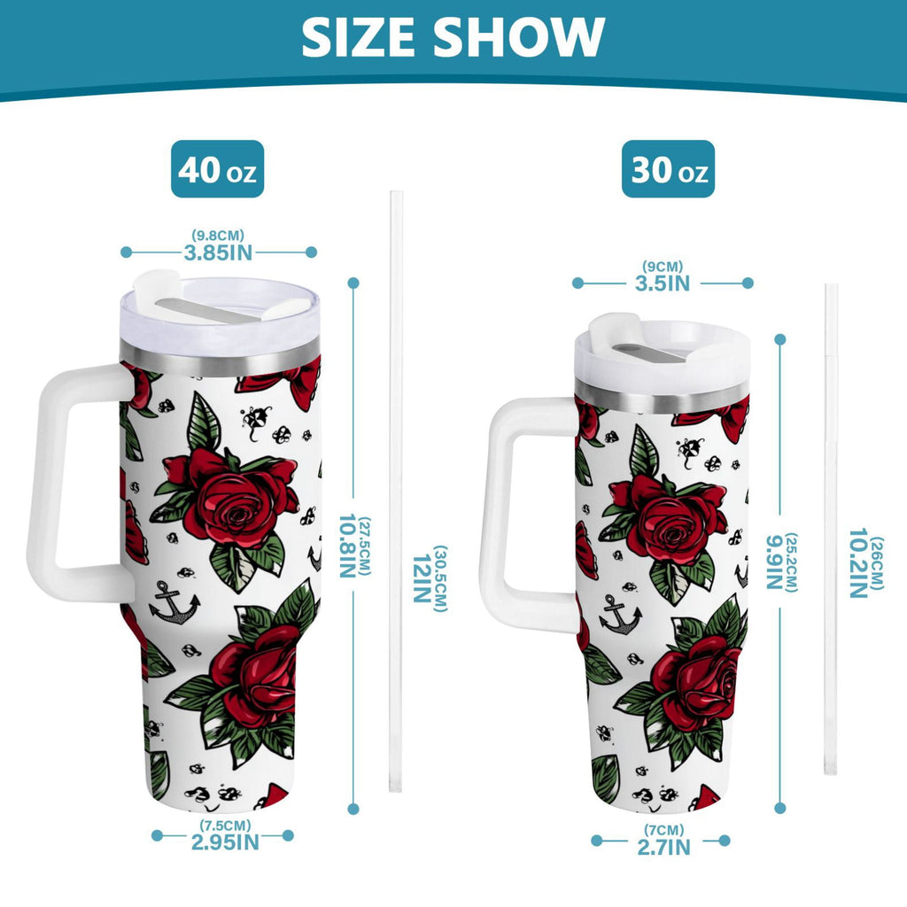 40 oz Insulated Stainless Steel Tumbler Double Wall Stainless Steel Tumbler with 2-Way Drinking Red Roses and Cherries MT7F