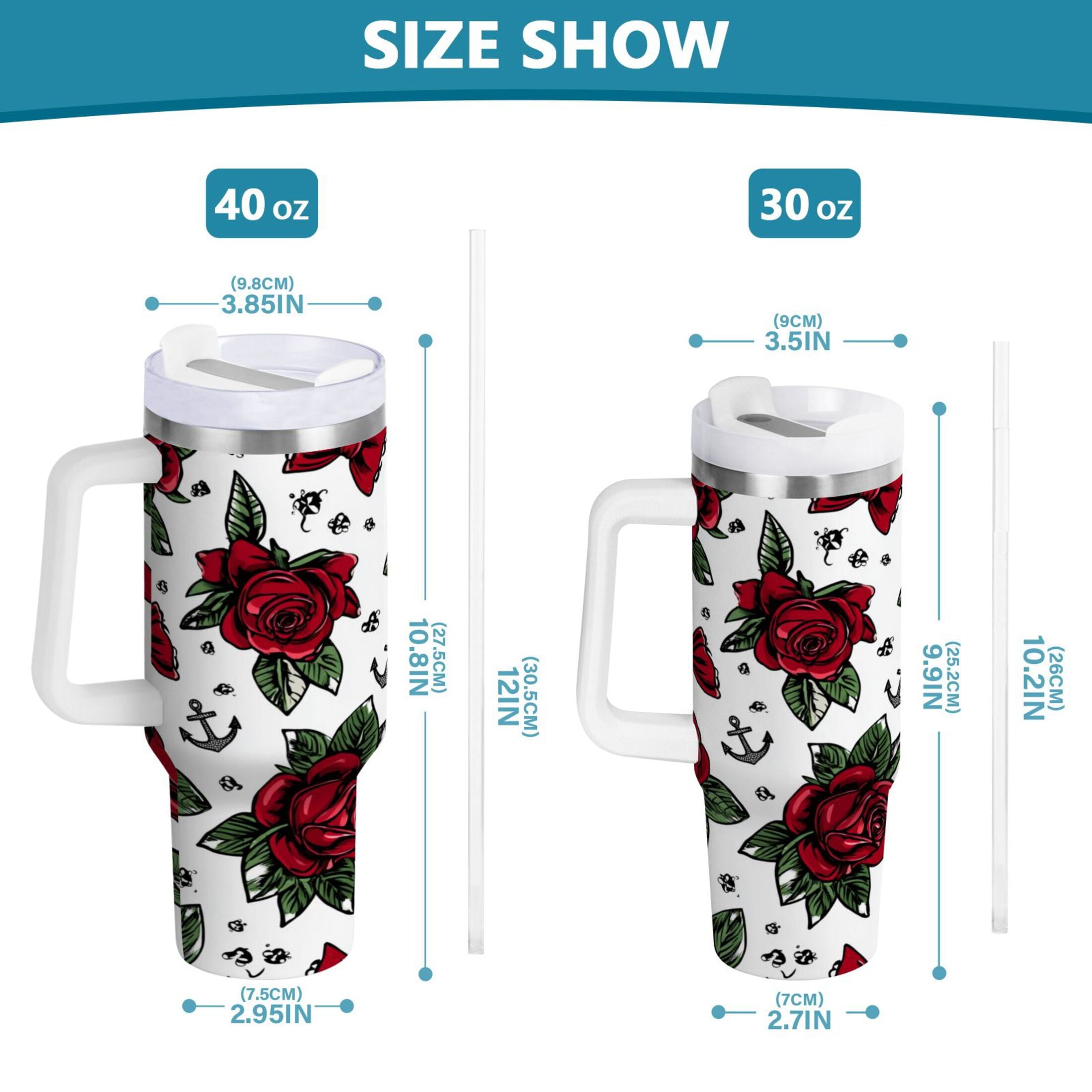 40 oz Insulated Stainless Steel Tumbler Double Wall Stainless Steel Tumbler with 2-Way Drinking Red Roses and Cherries MT7F