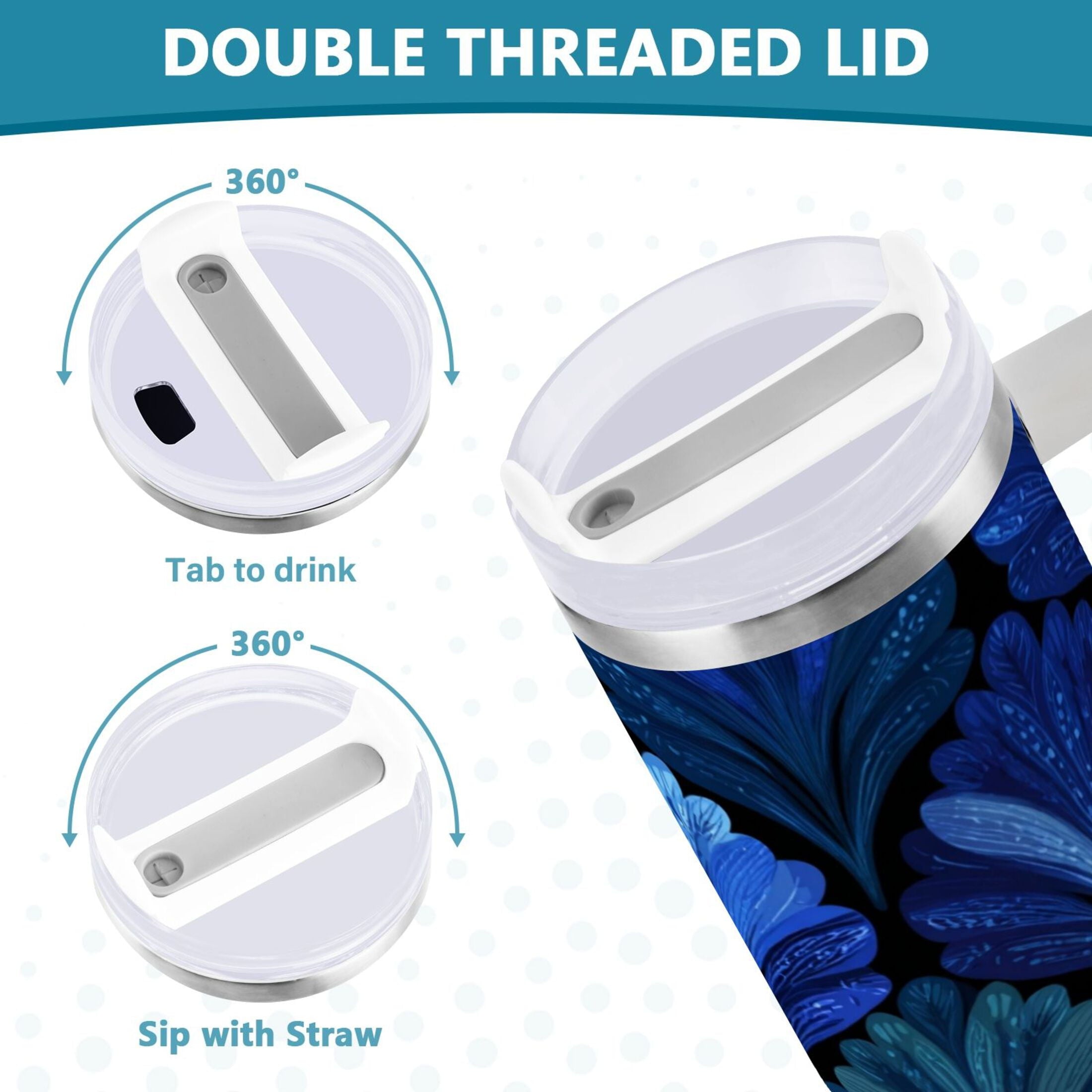 30 oz Insulated Stainless Steel Tumbler Double Wall Stainless Steel Tumbler with 2-Way Drinking Blue Batik Leaves Pattern ERED