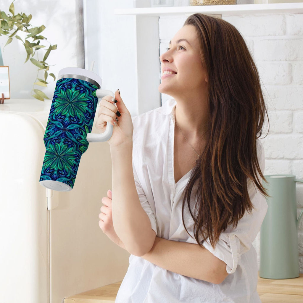 40 oz Insulated Stainless Steel Tumbler Double Wall Stainless Steel Tumbler with 2-Way Drinking Elegant Blue Traditional Patterns 7DF5