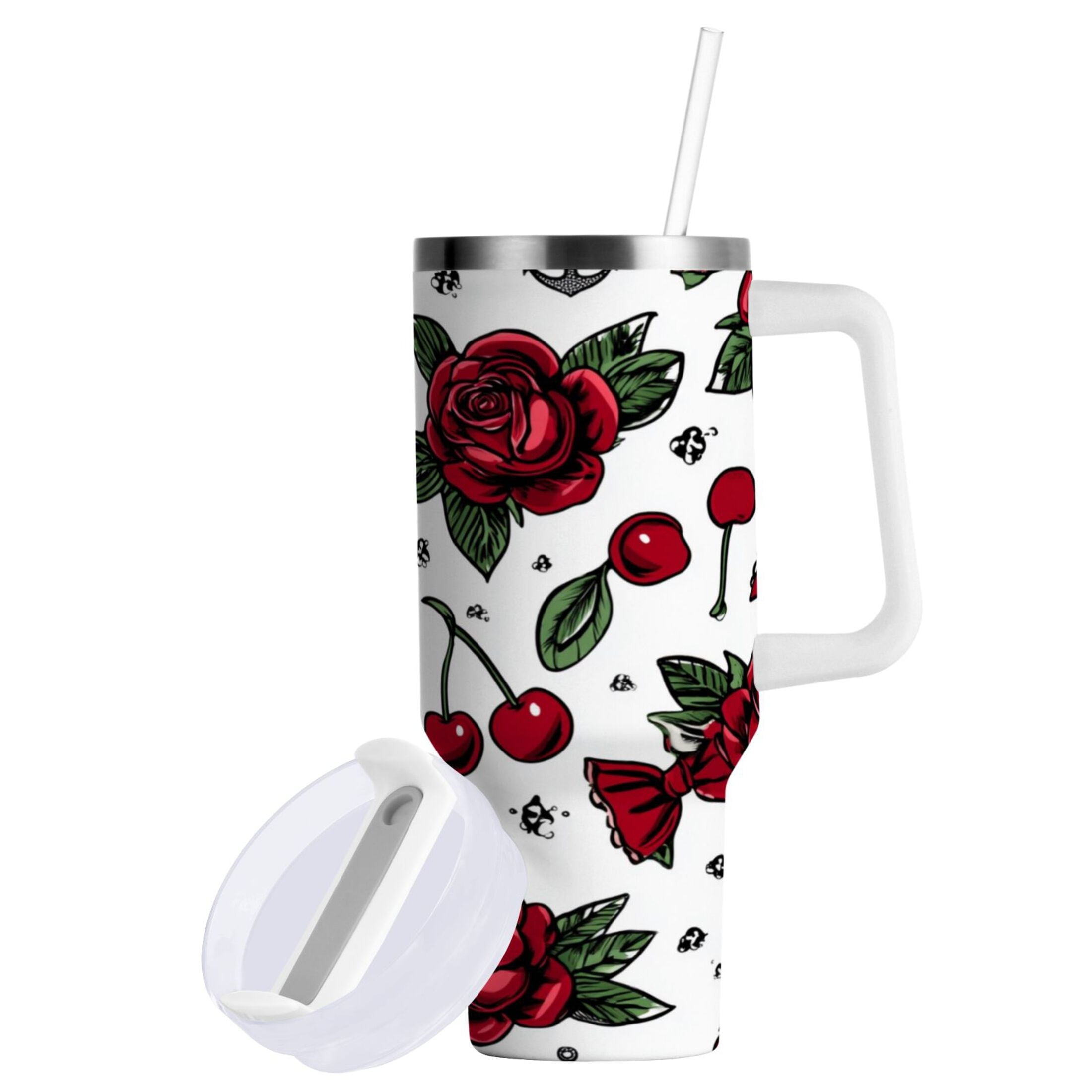 40 oz Insulated Stainless Steel Tumbler Double Wall Stainless Steel Tumbler with 2-Way Drinking Red Roses and Cherries MT7F
