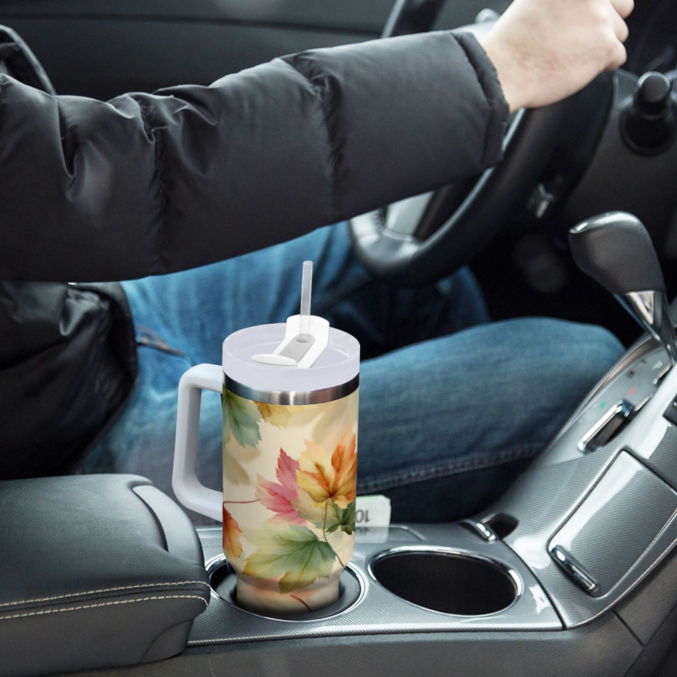 40 oz Insulated Stainless Steel Tumbler Double Wall Stainless Steel Tumbler with 2-Way Drinking Watercolor Maple Leaves Pattern 957M