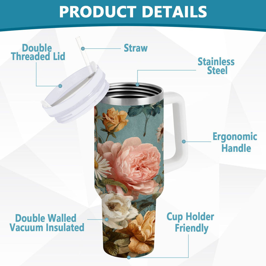 30 oz Insulated Stainless Steel Tumbler Double Wall Stainless Steel Tumbler with 2-Way Drinking Vintage Roses and Peonies OV8B