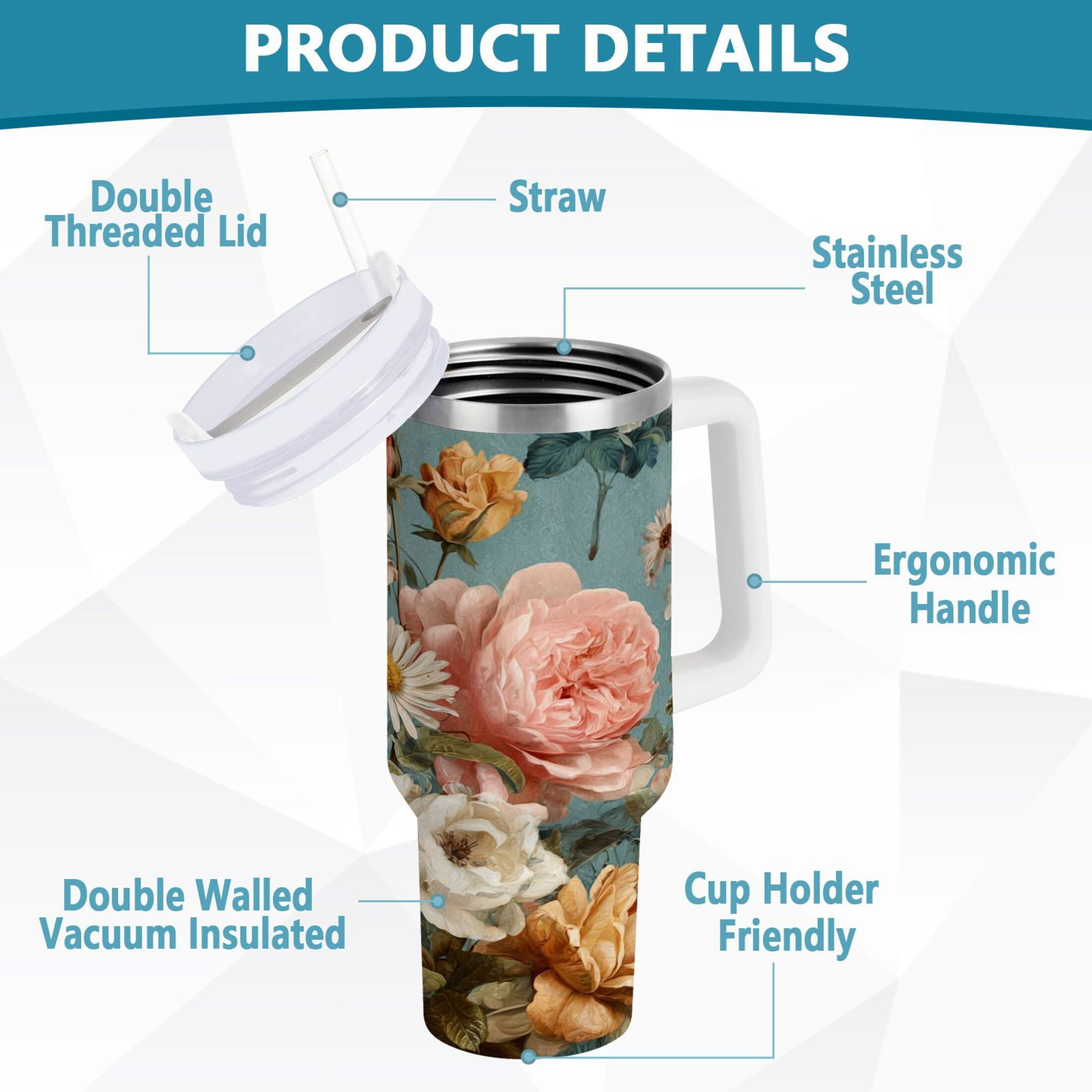 30 oz Insulated Stainless Steel Tumbler Double Wall Stainless Steel Tumbler with 2-Way Drinking Vintage Roses and Peonies OV8B