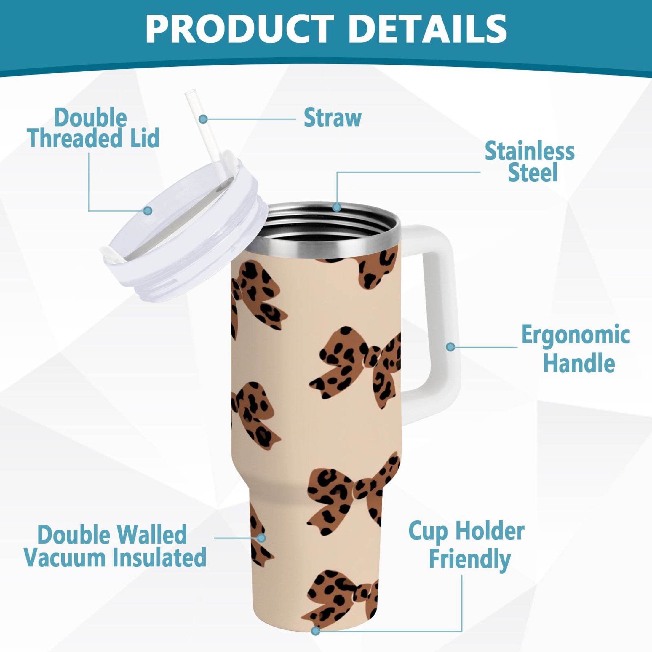 30 oz Insulated Stainless Steel Tumbler Double Wall Stainless Steel Tumbler with 2-Way Drinking Cute Brown Bow DEBH