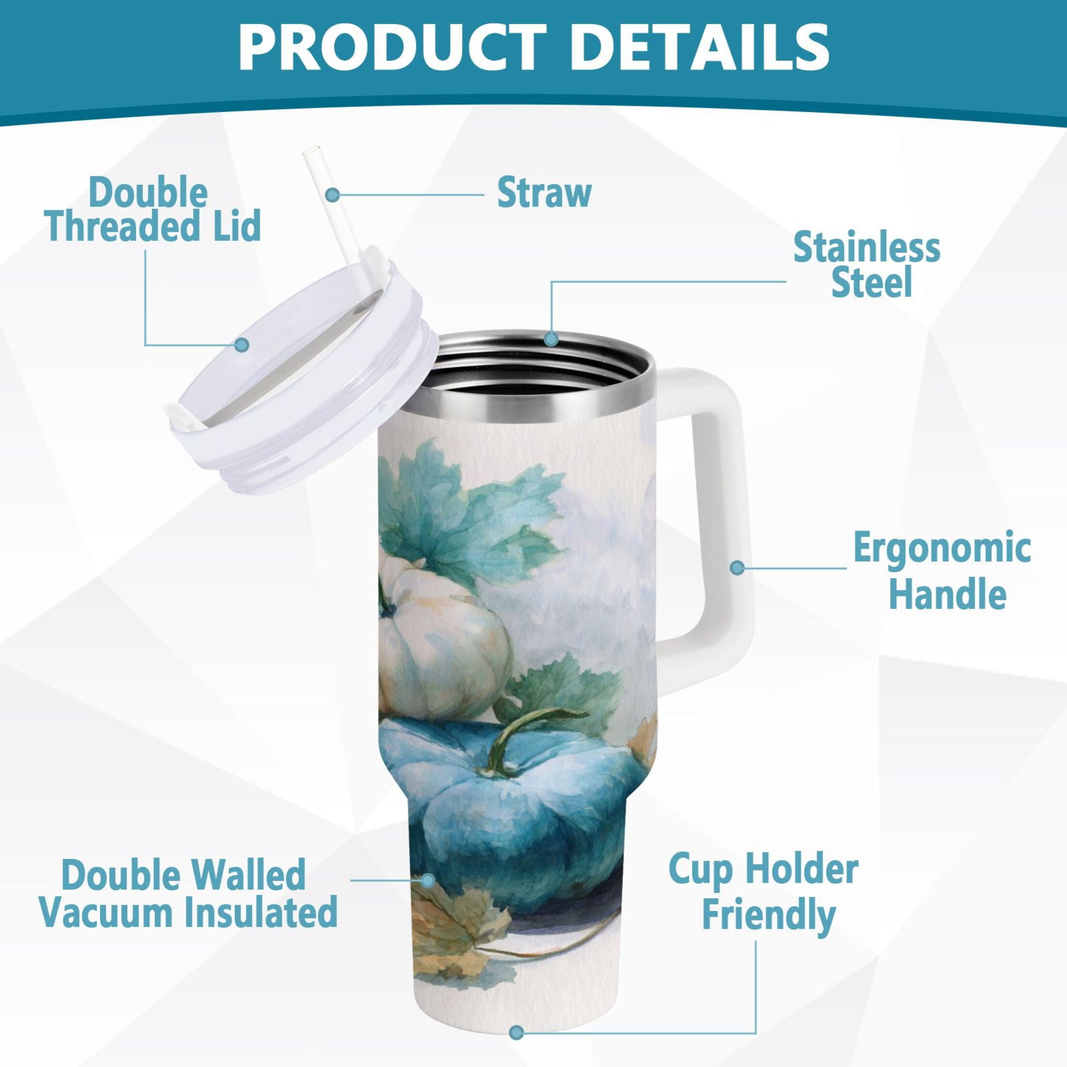40 oz Insulated Stainless Steel Tumbler Double Wall Stainless Steel Tumbler with 2-Way Drinking Watercolor Pumpkins and Leaves 5EFA