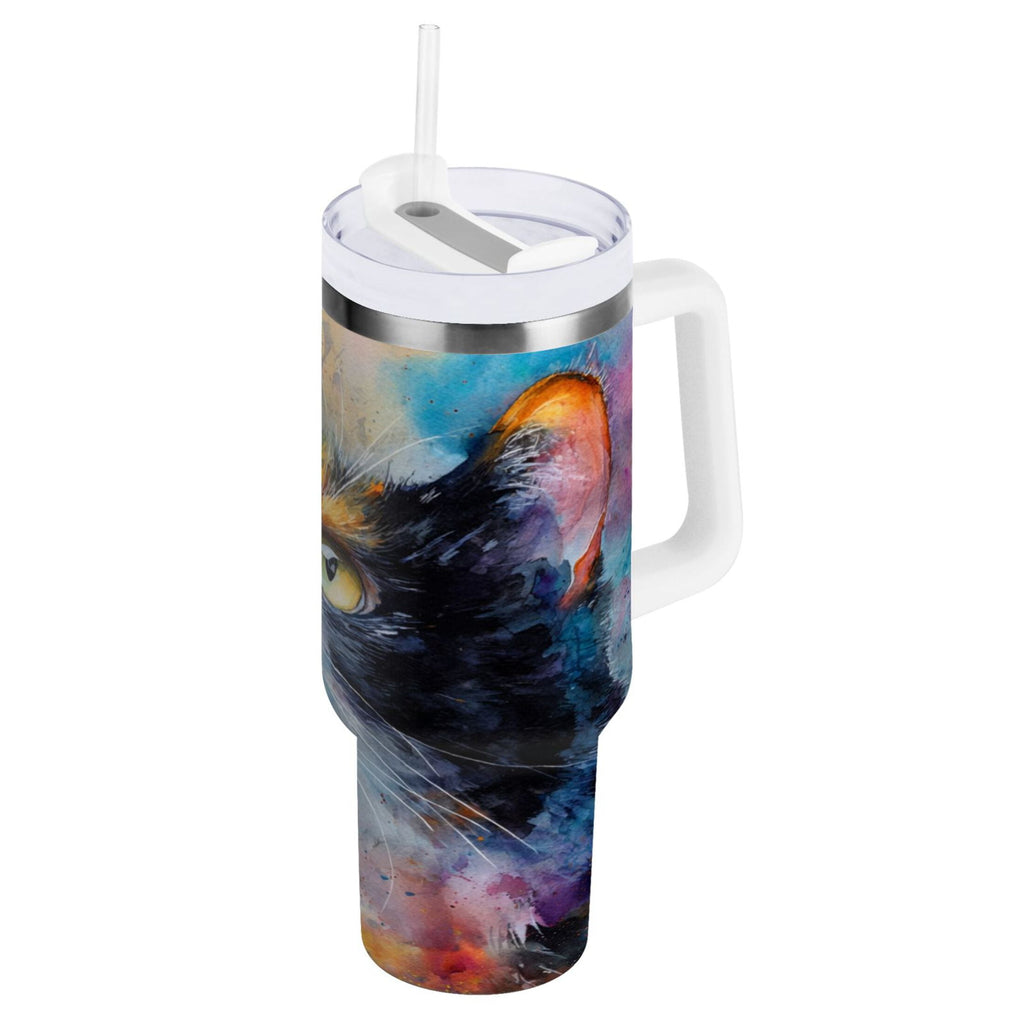 30 oz Insulated Stainless Steel Tumbler Double Wall Stainless Steel Tumbler with 2-Way Drinking Watercolor Calico Cat O2ZC