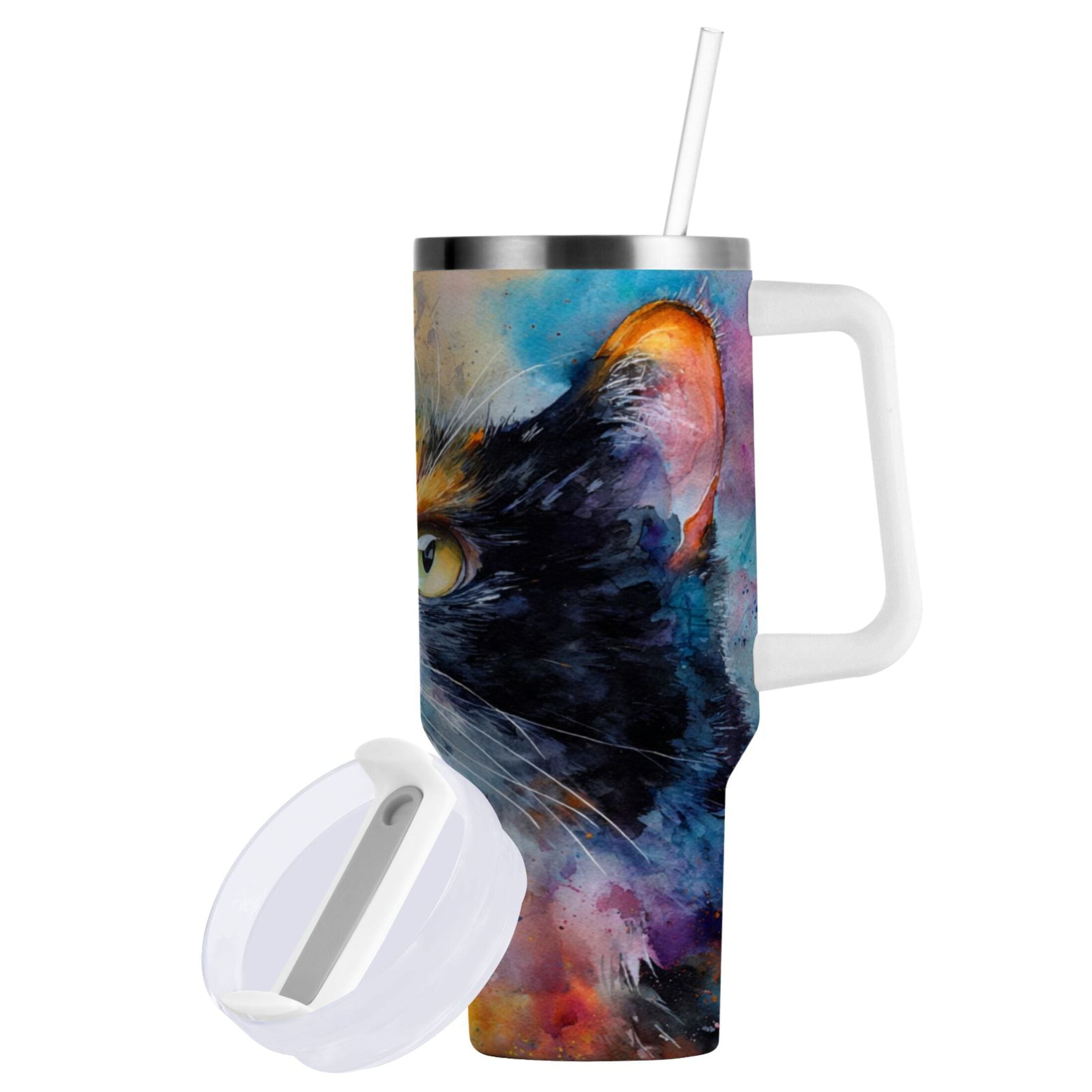 30 oz Insulated Stainless Steel Tumbler Double Wall Stainless Steel Tumbler with 2-Way Drinking Watercolor Calico Cat O2ZC