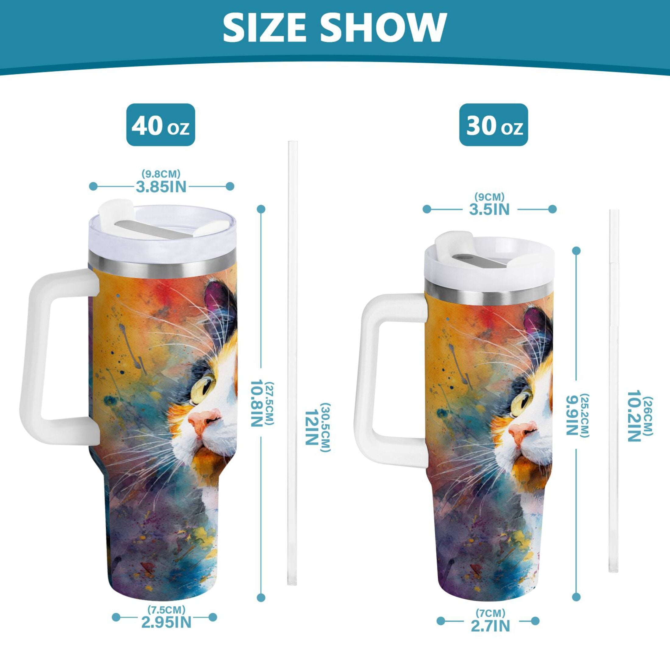 30 oz Insulated Stainless Steel Tumbler Double Wall Stainless Steel Tumbler with 2-Way Drinking Watercolor Calico Cat O2ZC
