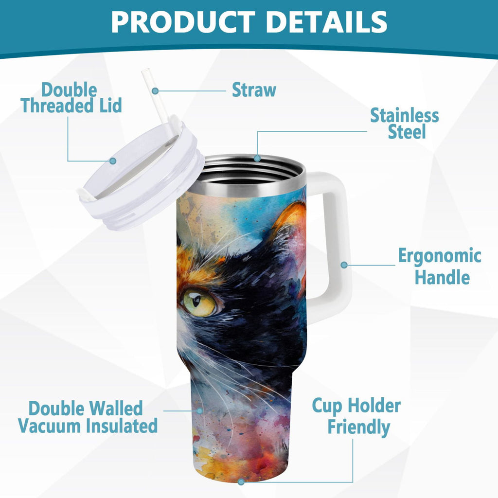 30 oz Insulated Stainless Steel Tumbler Double Wall Stainless Steel Tumbler with 2-Way Drinking Watercolor Calico Cat O2ZC
