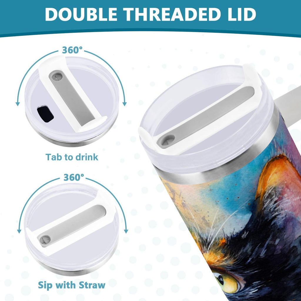 30 oz Insulated Stainless Steel Tumbler Double Wall Stainless Steel Tumbler with 2-Way Drinking Watercolor Calico Cat O2ZC