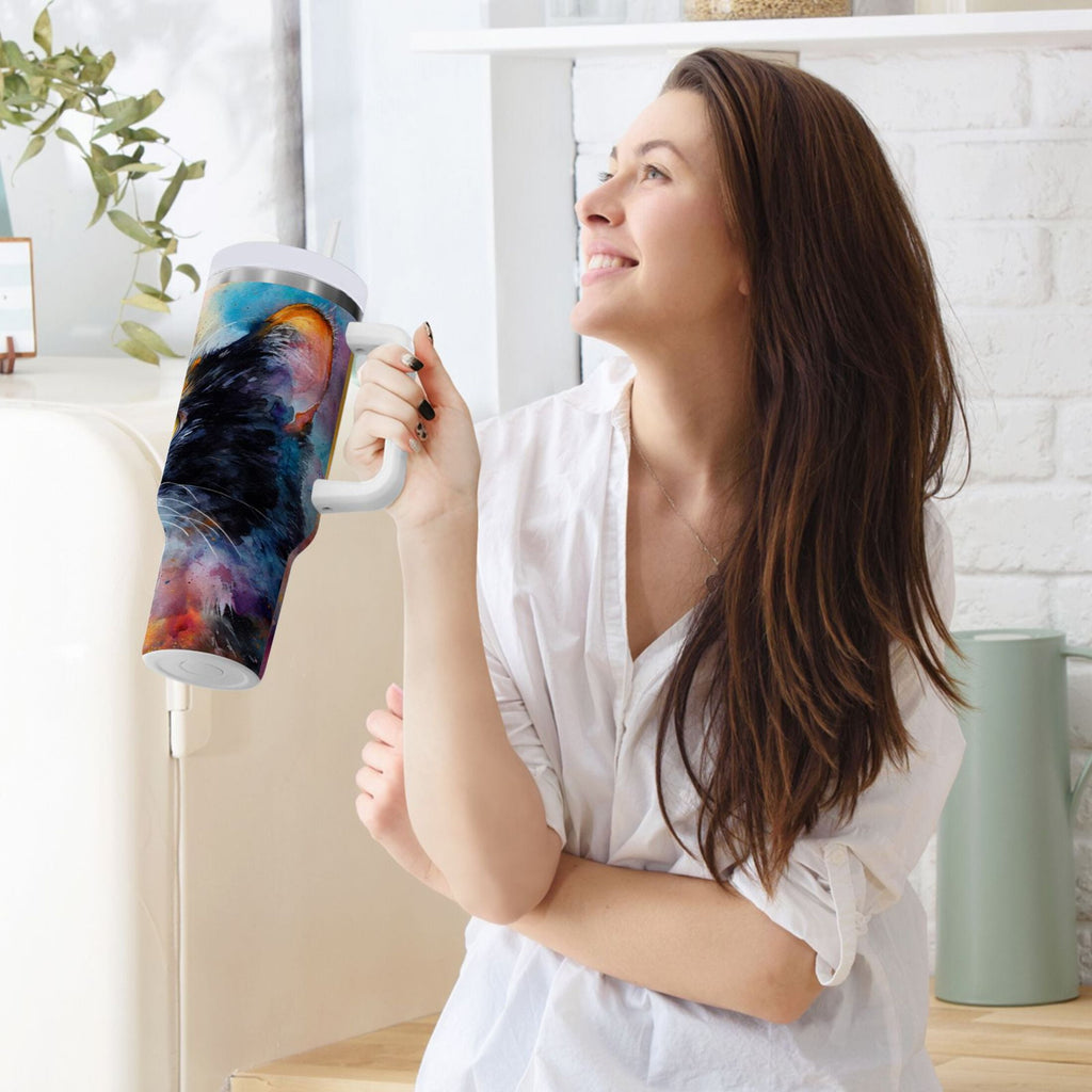 30 oz Insulated Stainless Steel Tumbler Double Wall Stainless Steel Tumbler with 2-Way Drinking Watercolor Calico Cat O2ZC
