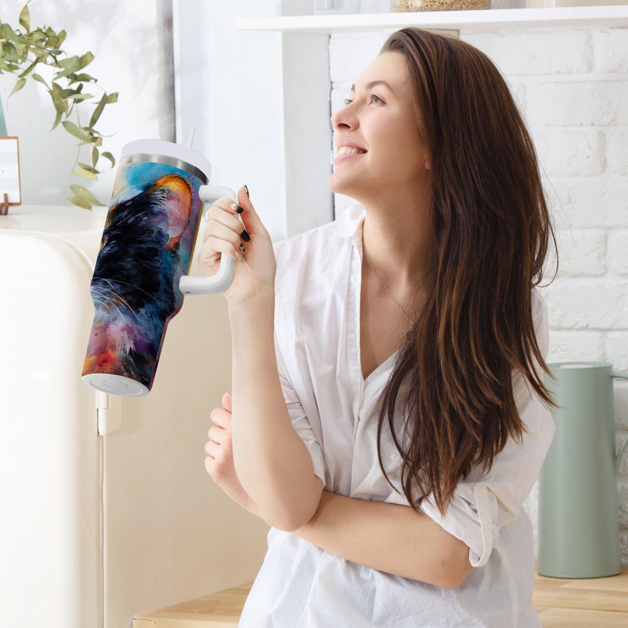 30 oz Insulated Stainless Steel Tumbler Double Wall Stainless Steel Tumbler with 2-Way Drinking Watercolor Calico Cat O2ZC