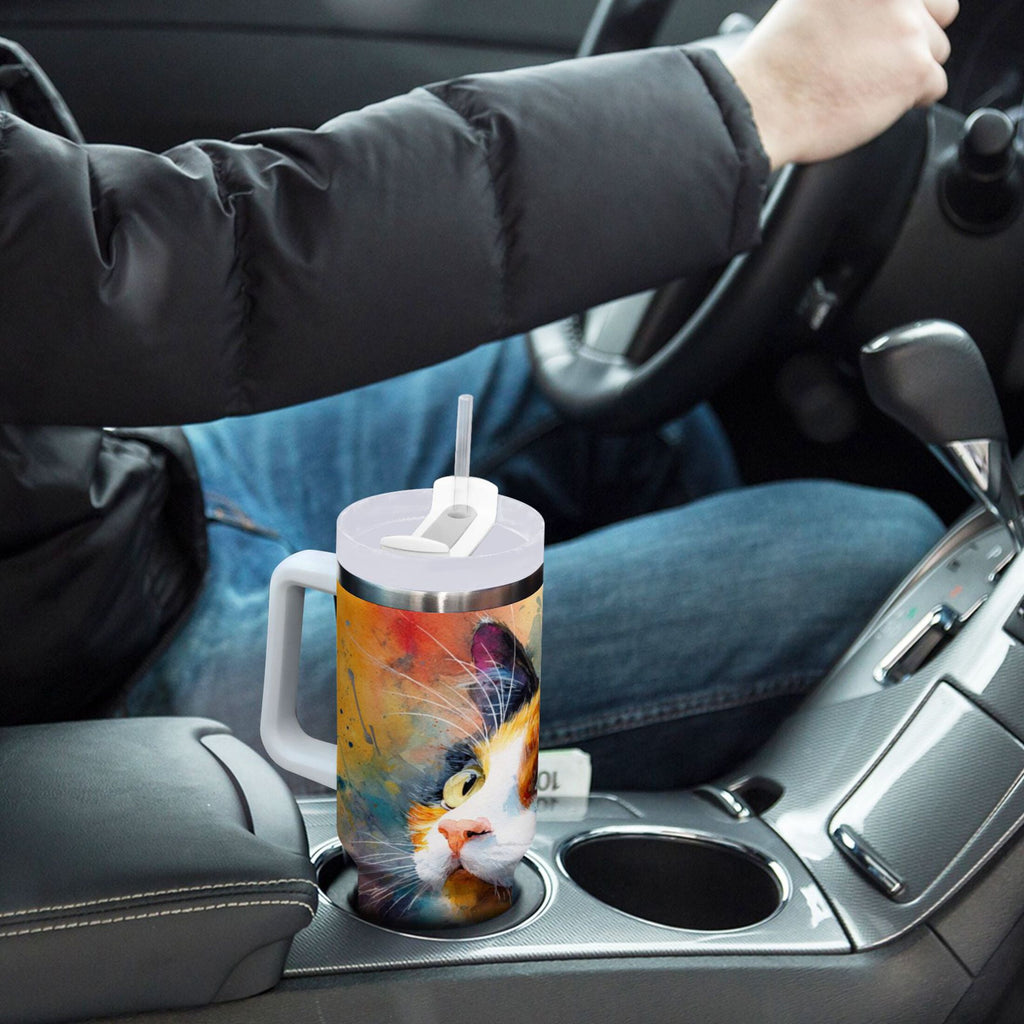 30 oz Insulated Stainless Steel Tumbler Double Wall Stainless Steel Tumbler with 2-Way Drinking Watercolor Calico Cat O2ZC