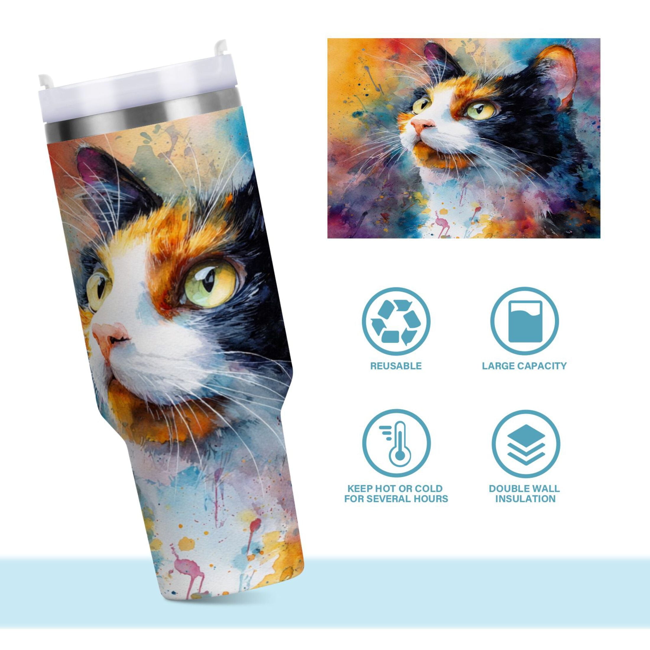 30 oz Insulated Stainless Steel Tumbler Double Wall Stainless Steel Tumbler with 2-Way Drinking Watercolor Calico Cat O2ZC