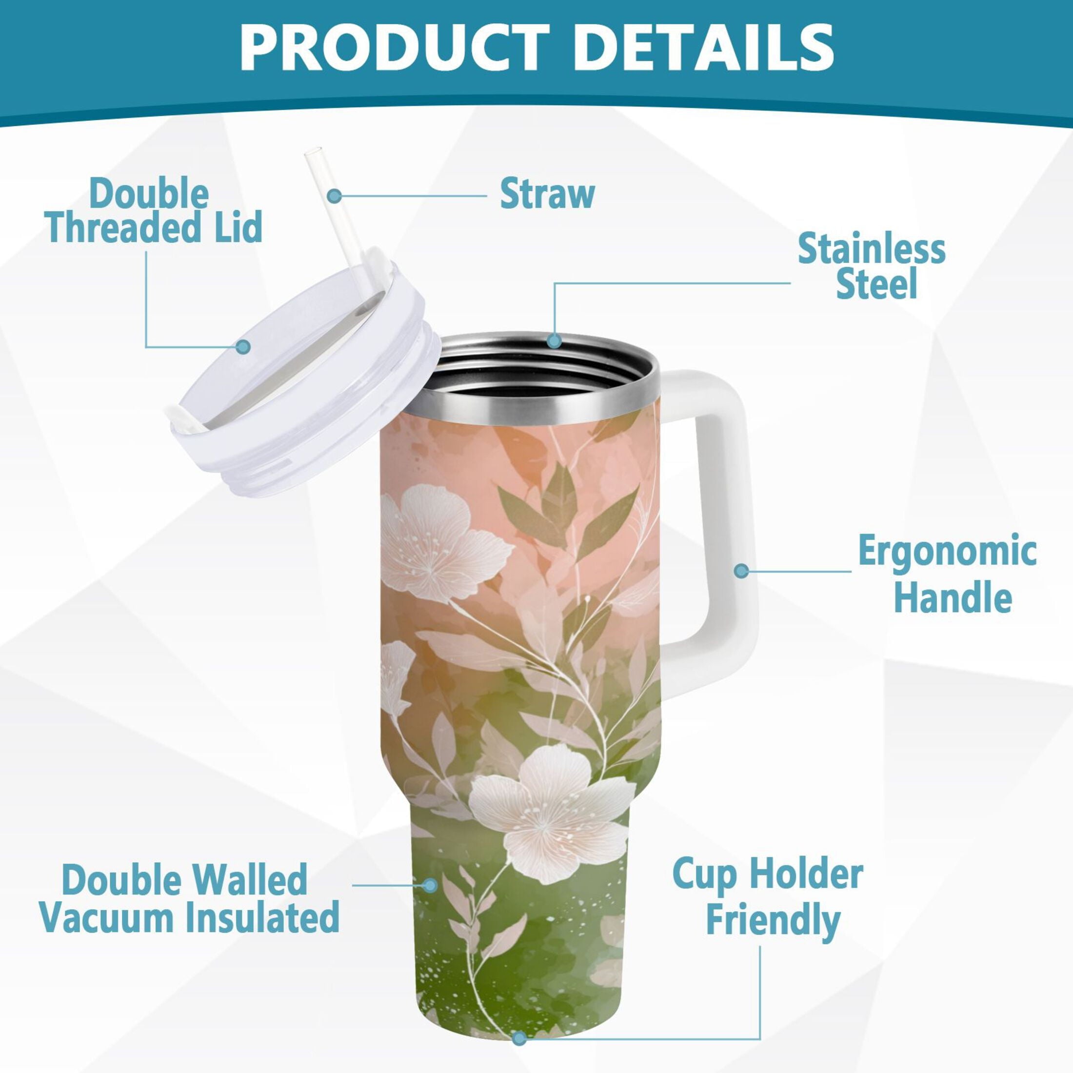 30 oz Insulated Stainless Steel Tumbler Double Wall Stainless Steel Tumbler with 2-Way Drinking Gradient Elegant Floral 0IP9