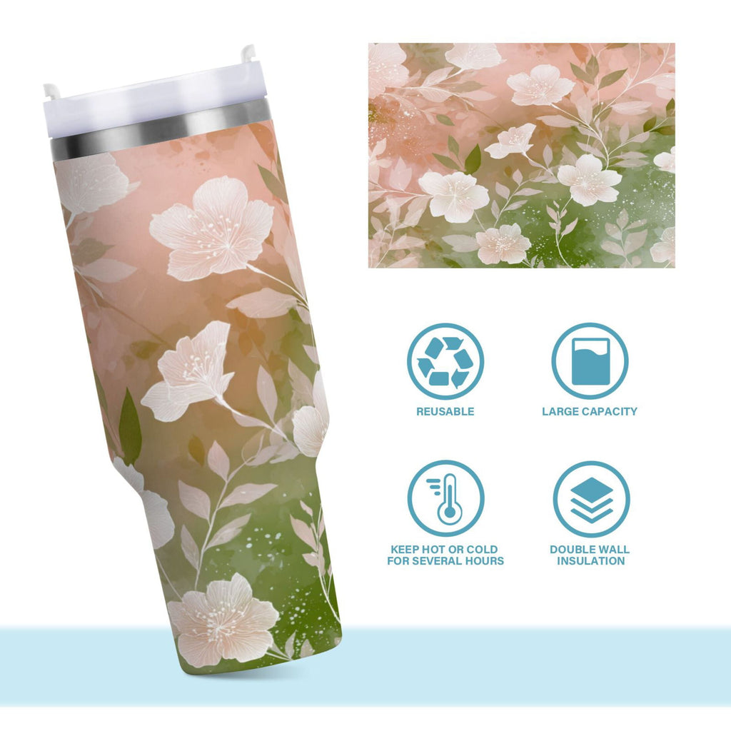 30 oz Insulated Stainless Steel Tumbler Double Wall Stainless Steel Tumbler with 2-Way Drinking Gradient Elegant Floral 0IP9
