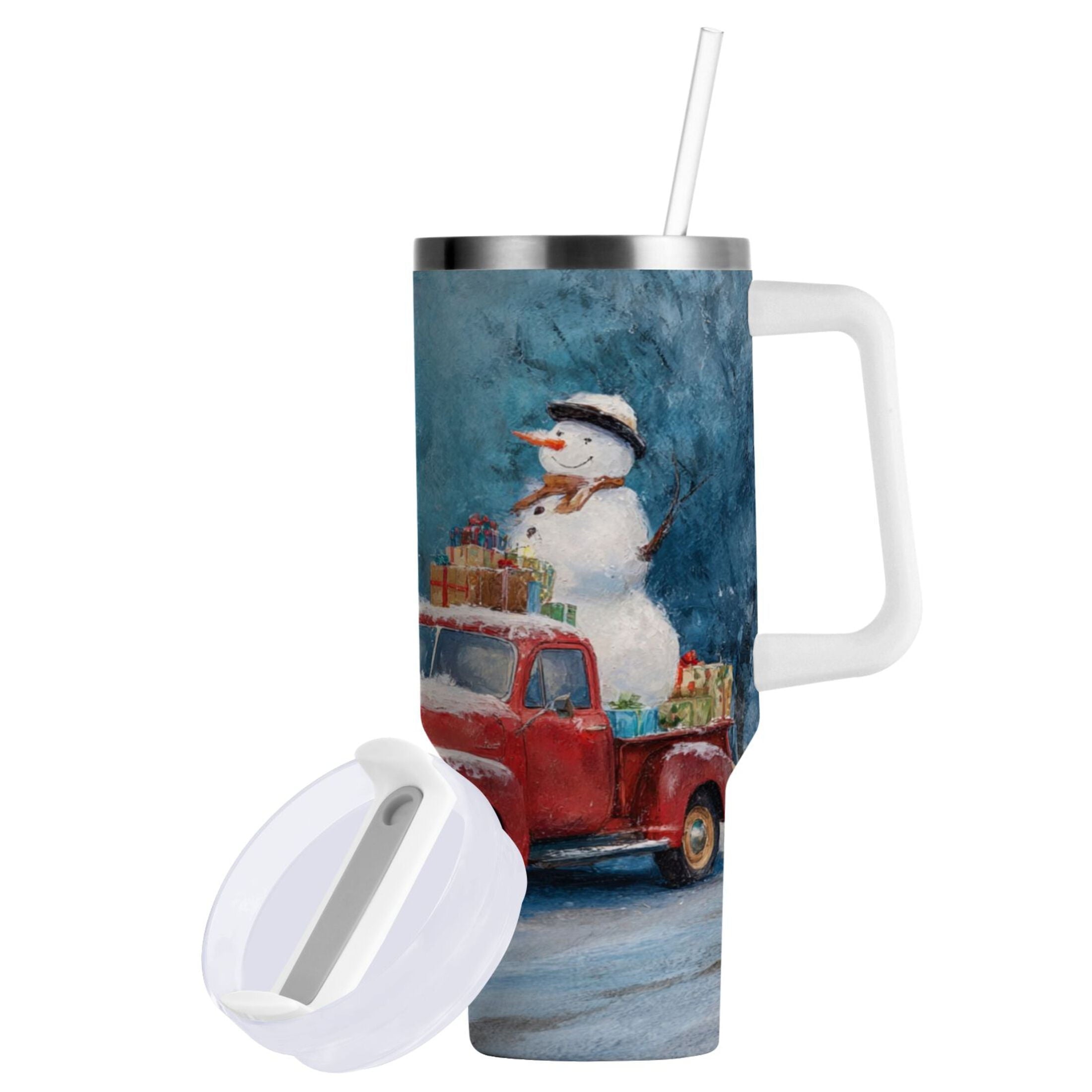 40 oz Insulated Stainless Steel Tumbler Double Wall Stainless Steel Tumbler with 2-Way Drinking Christmas Snowman in A Red Truck 7L7H