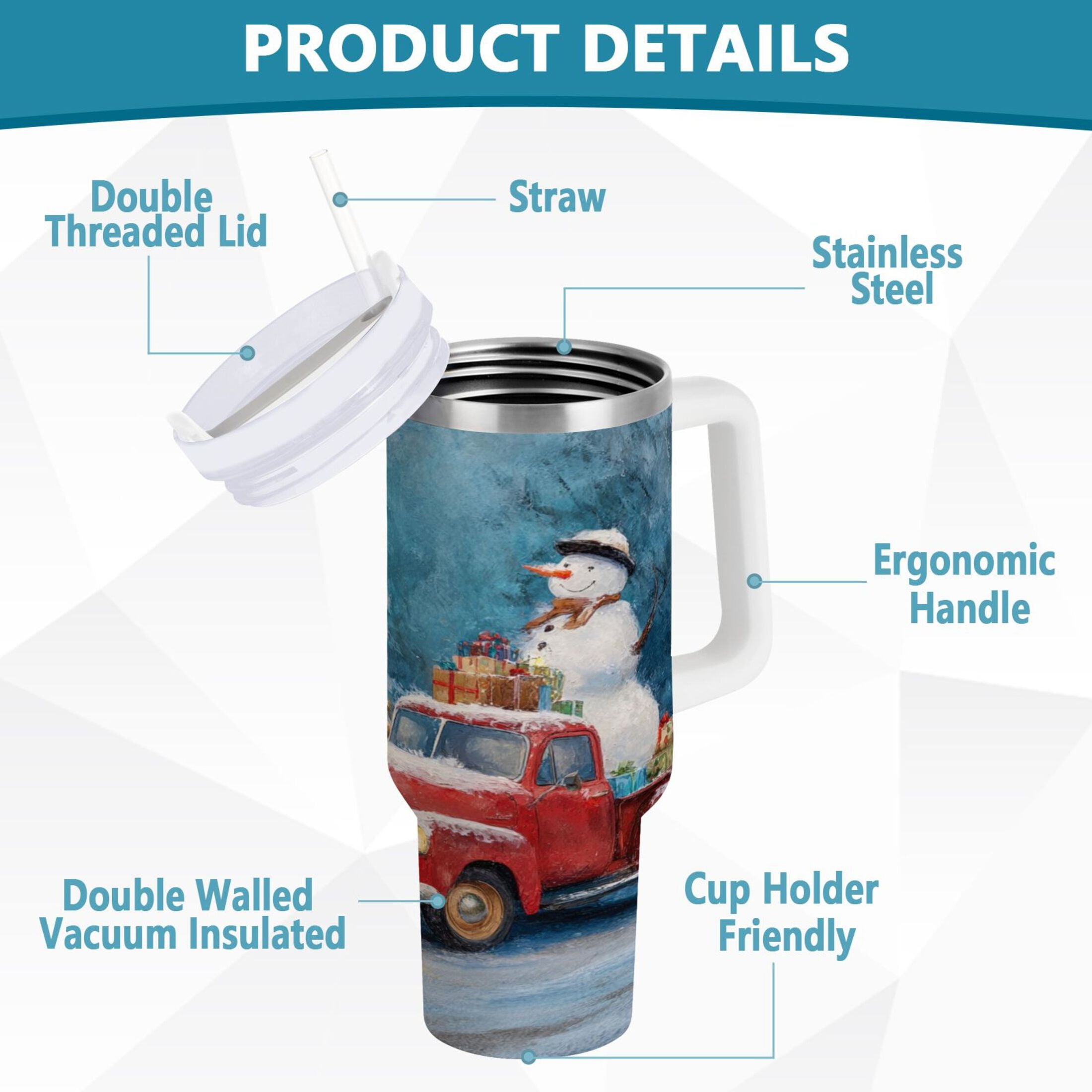 40 oz Insulated Stainless Steel Tumbler Double Wall Stainless Steel Tumbler with 2-Way Drinking Christmas Snowman in A Red Truck 7L7H