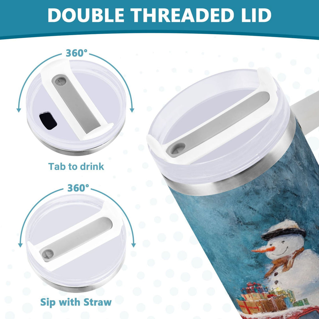 40 oz Insulated Stainless Steel Tumbler Double Wall Stainless Steel Tumbler with 2-Way Drinking Christmas Snowman in A Red Truck 7L7H