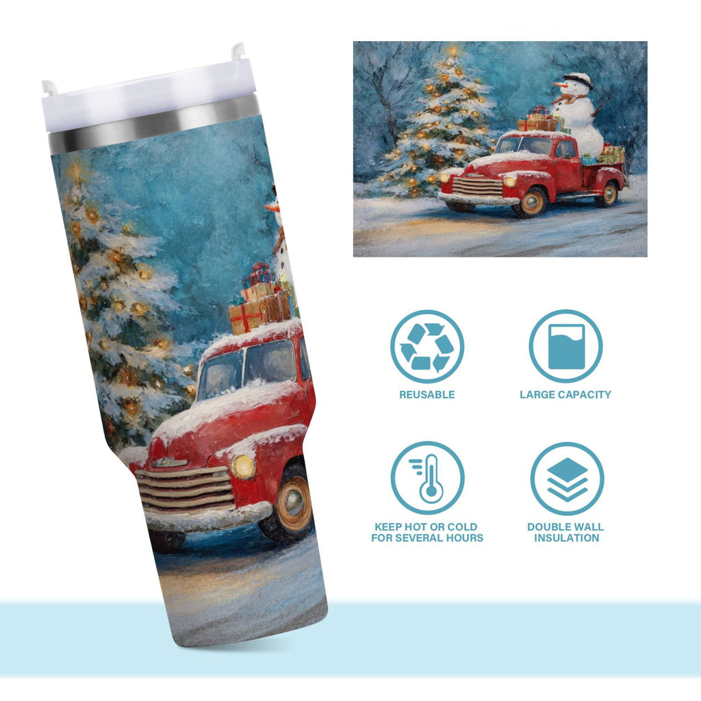 40 oz Insulated Stainless Steel Tumbler Double Wall Stainless Steel Tumbler with 2-Way Drinking Christmas Snowman in A Red Truck 7L7H
