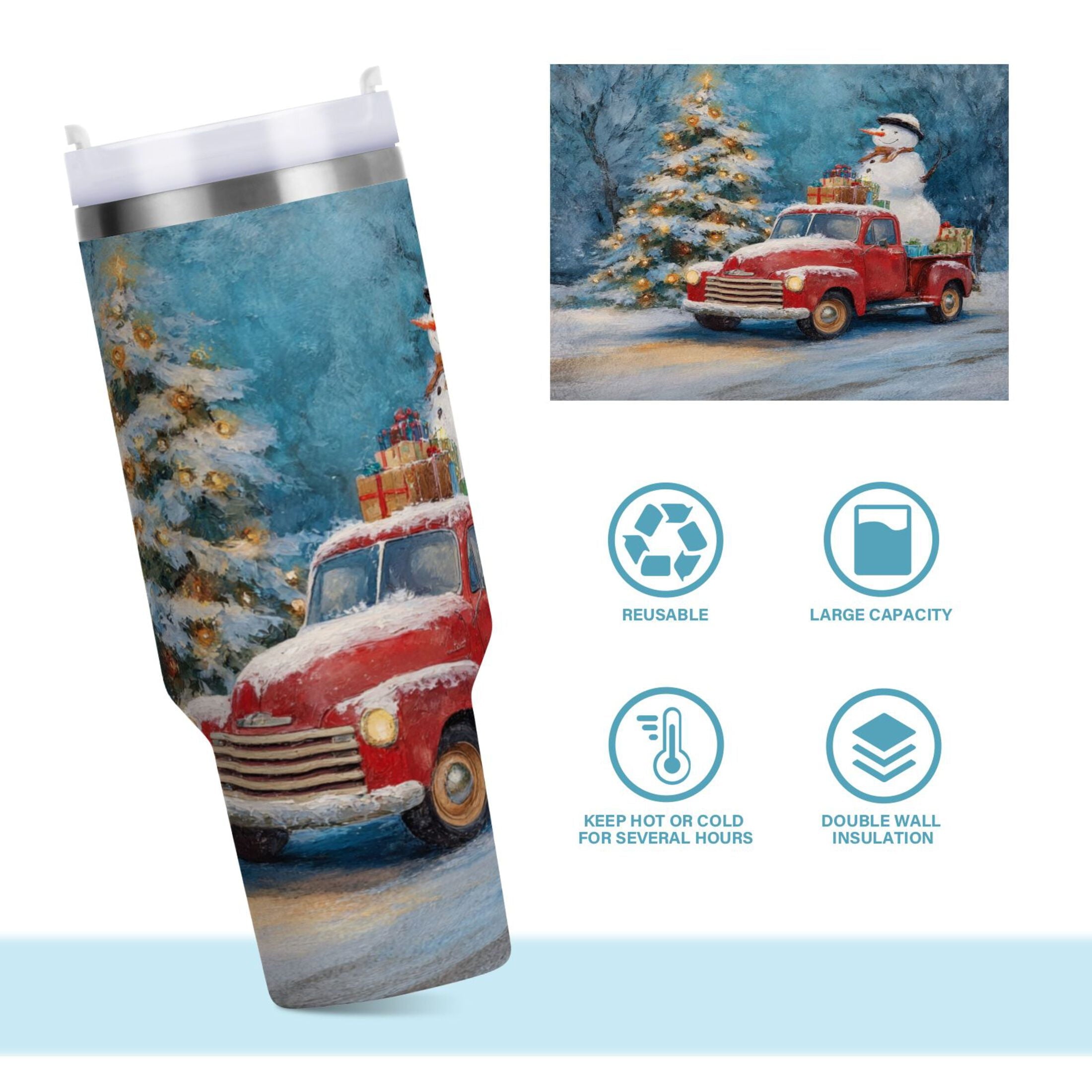 40 oz Insulated Stainless Steel Tumbler Double Wall Stainless Steel Tumbler with 2-Way Drinking Christmas Snowman in A Red Truck 7L7H