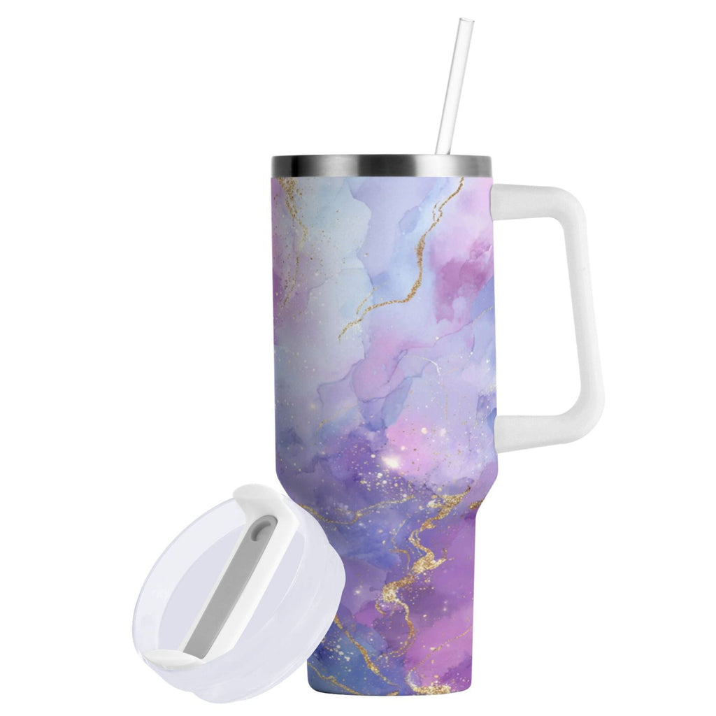 40 oz Insulated Stainless Steel Tumbler Double Wall Stainless Steel Tumbler with 2-Way Drinking Pink and Blue Marble Texture REF2