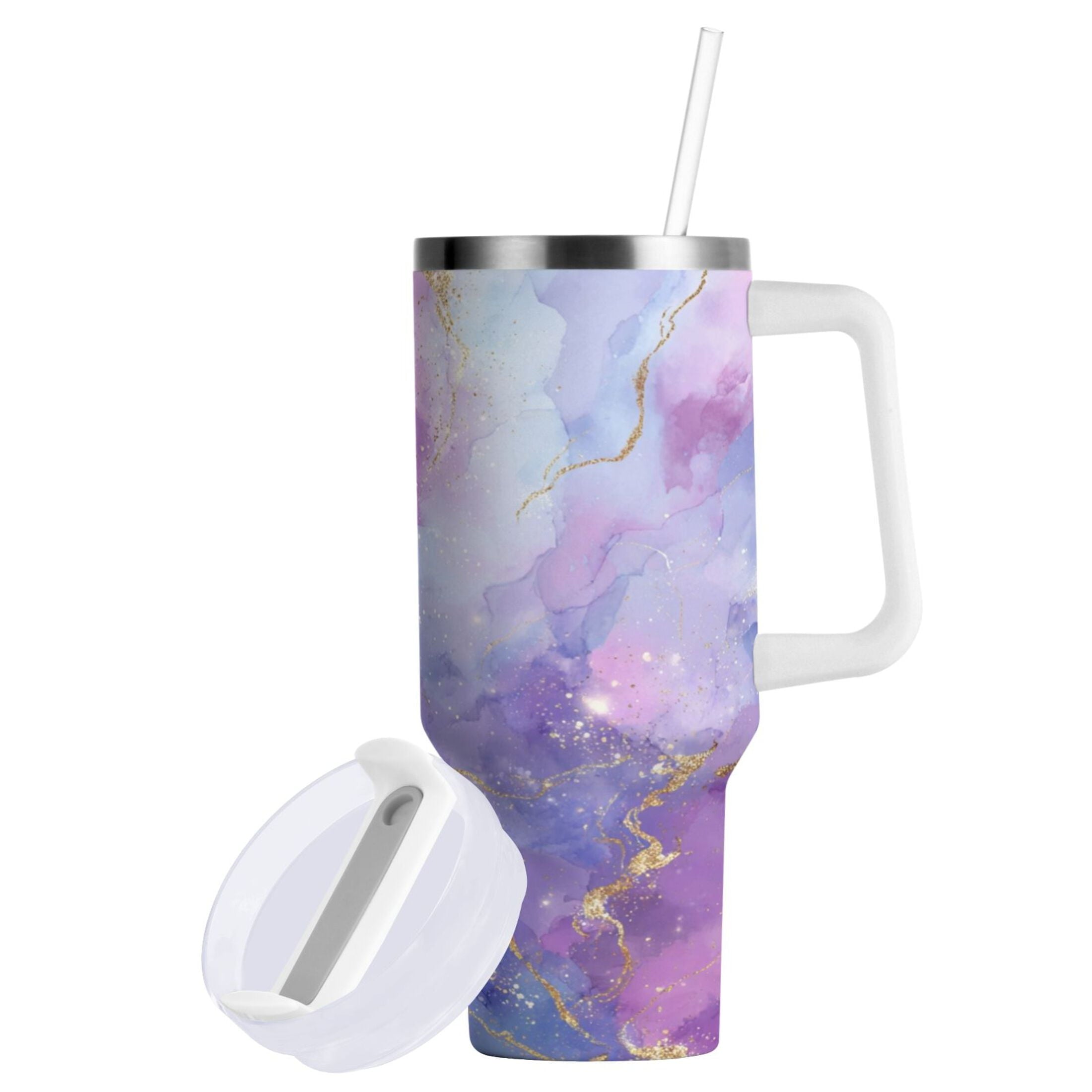 40 oz Insulated Stainless Steel Tumbler Double Wall Stainless Steel Tumbler with 2-Way Drinking Pink and Blue Marble Texture REF2
