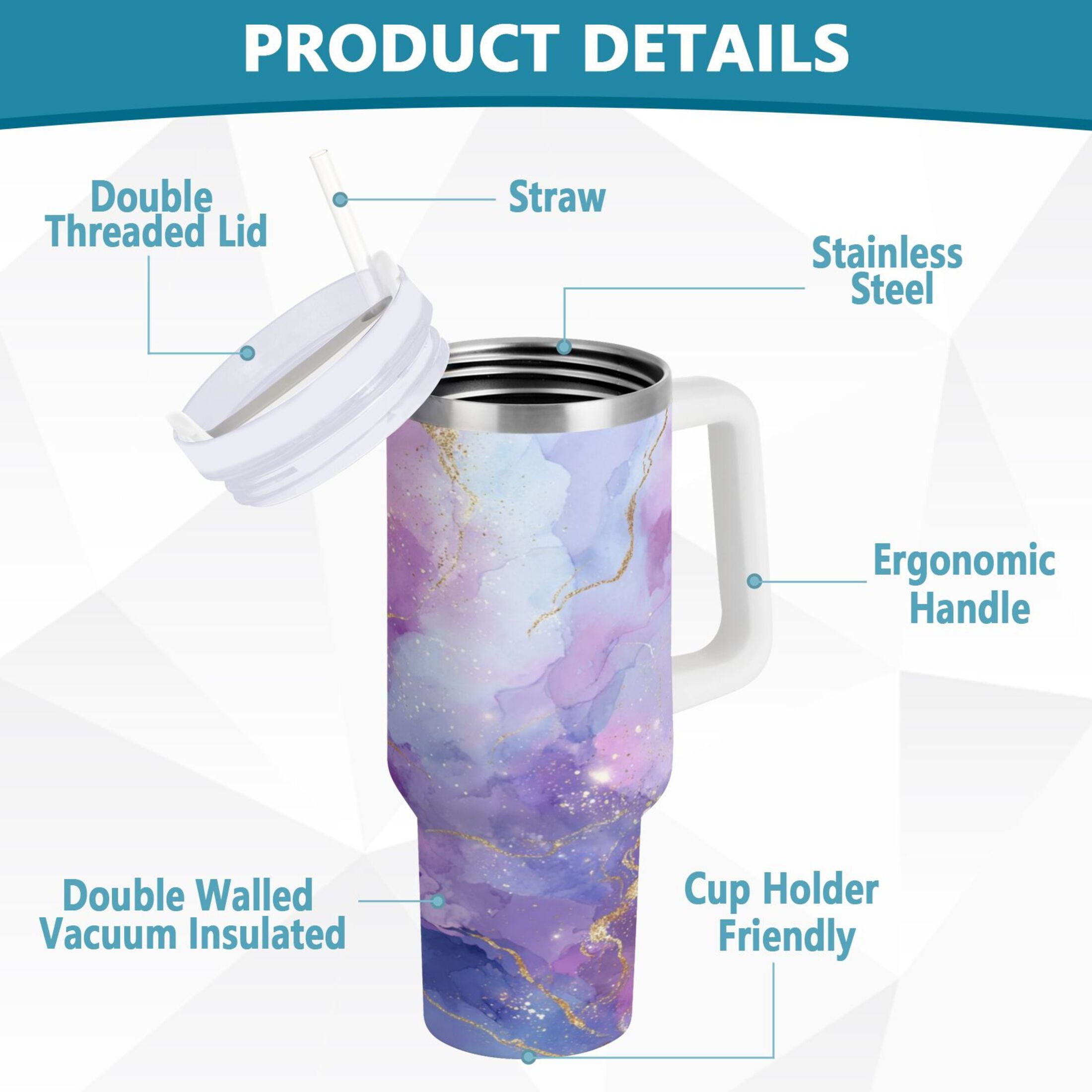 40 oz Insulated Stainless Steel Tumbler Double Wall Stainless Steel Tumbler with 2-Way Drinking Pink and Blue Marble Texture REF2