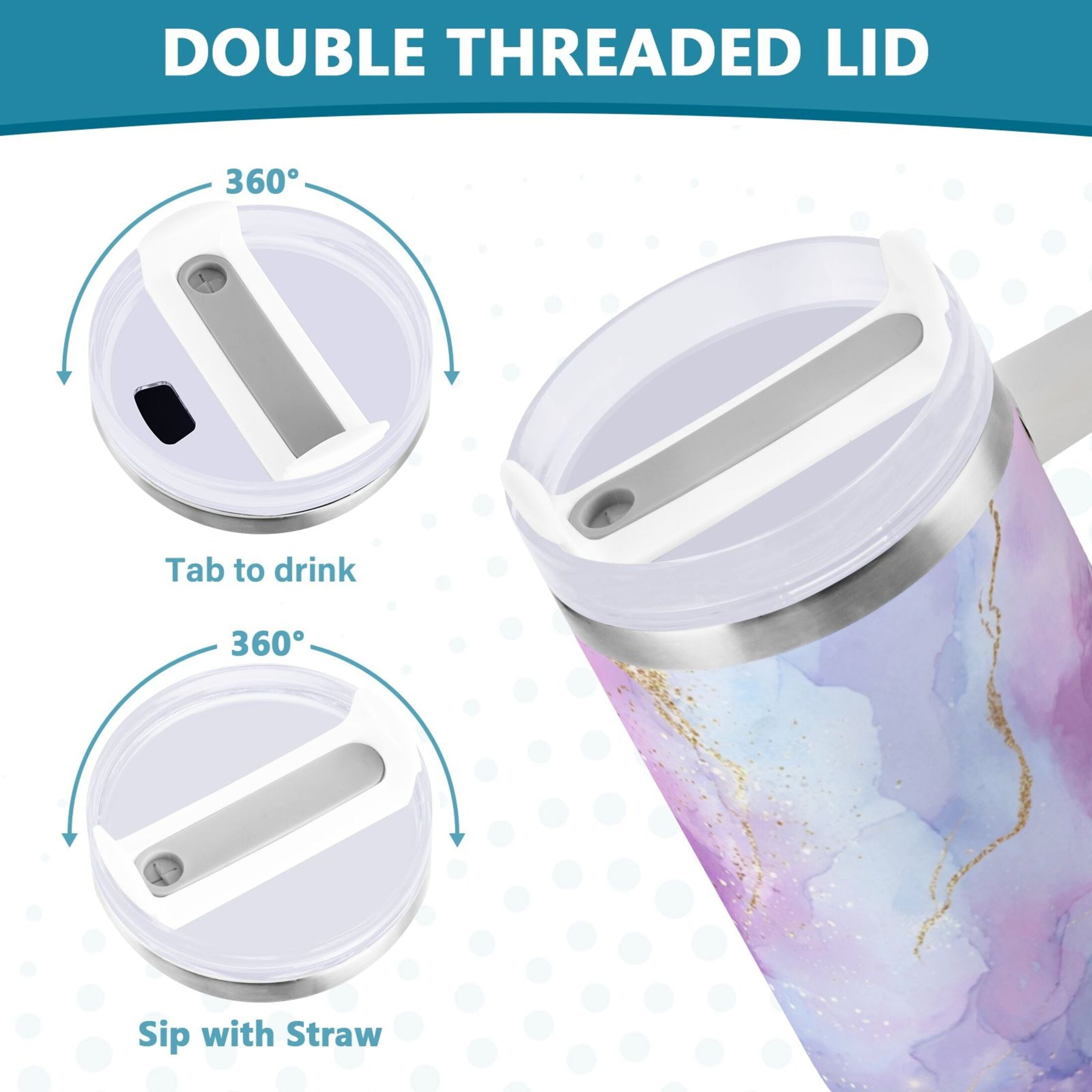 40 oz Insulated Stainless Steel Tumbler Double Wall Stainless Steel Tumbler with 2-Way Drinking Pink and Blue Marble Texture REF2