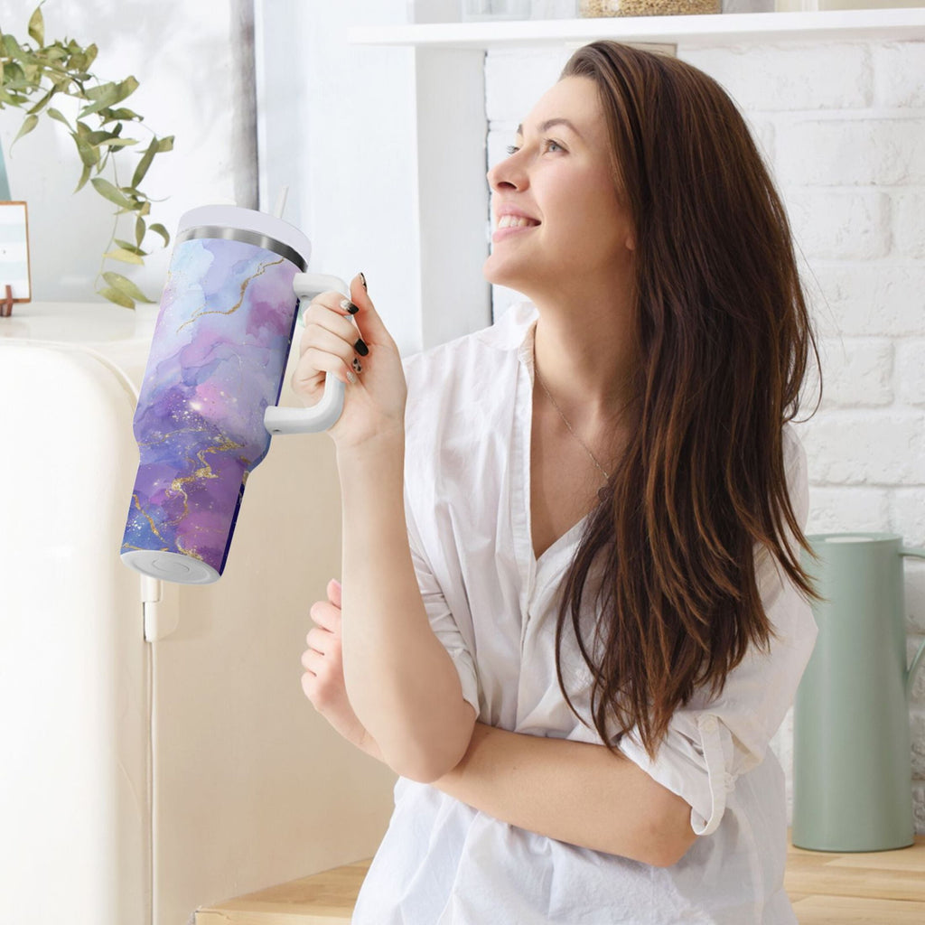40 oz Insulated Stainless Steel Tumbler Double Wall Stainless Steel Tumbler with 2-Way Drinking Pink and Blue Marble Texture REF2