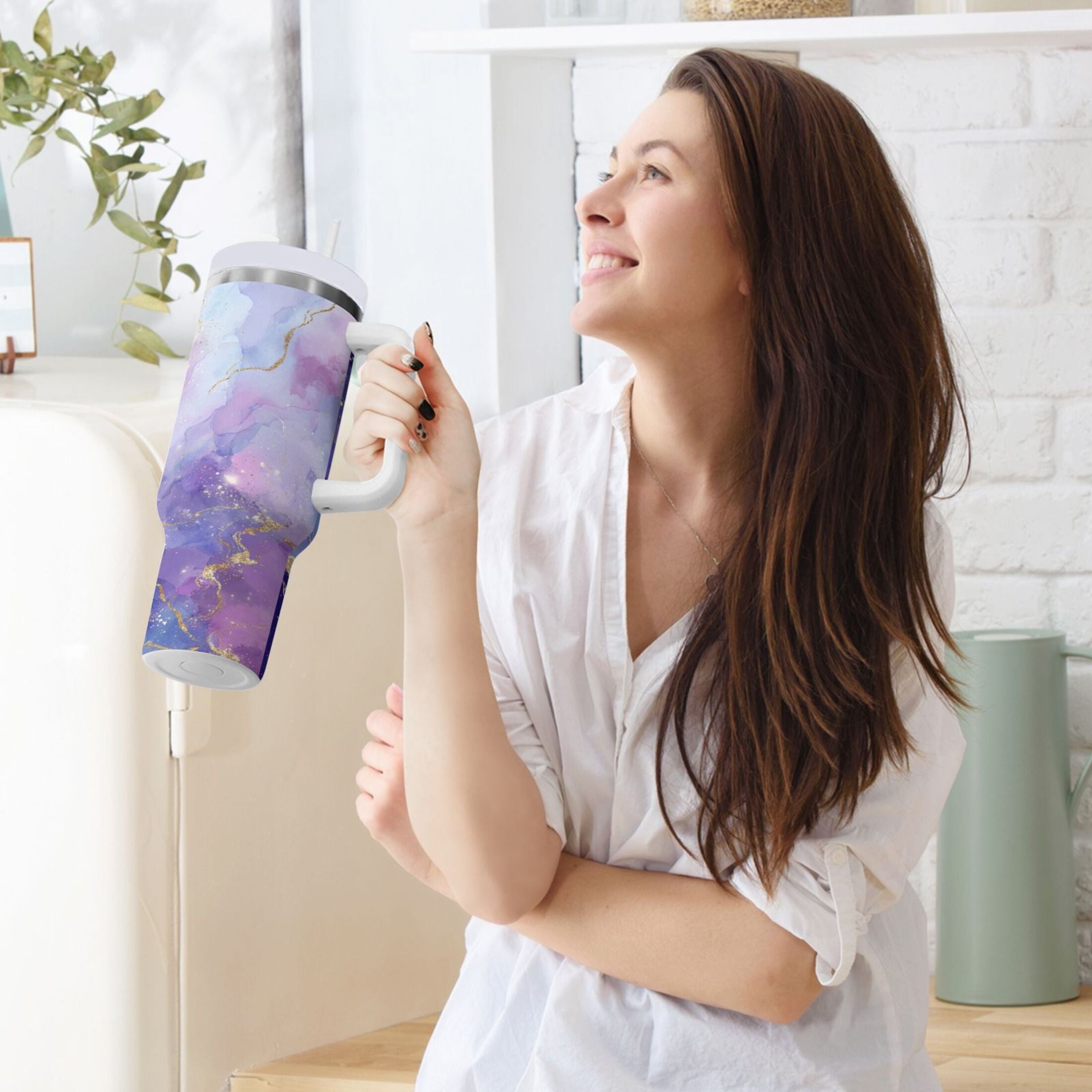 40 oz Insulated Stainless Steel Tumbler Double Wall Stainless Steel Tumbler with 2-Way Drinking Pink and Blue Marble Texture REF2