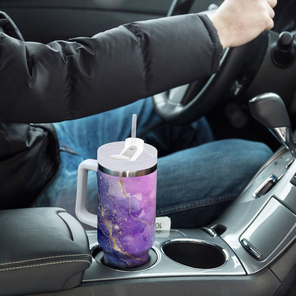 40 oz Insulated Stainless Steel Tumbler Double Wall Stainless Steel Tumbler with 2-Way Drinking Pink and Blue Marble Texture REF2