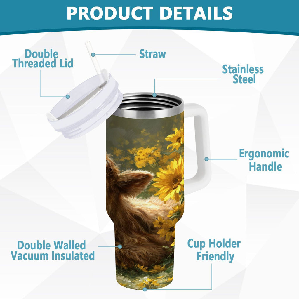 40 oz Insulated Stainless Steel Tumbler Double Wall Stainless Steel Tumbler with 2-Way Drinking Cow Lying in Sunflowers 36XG
