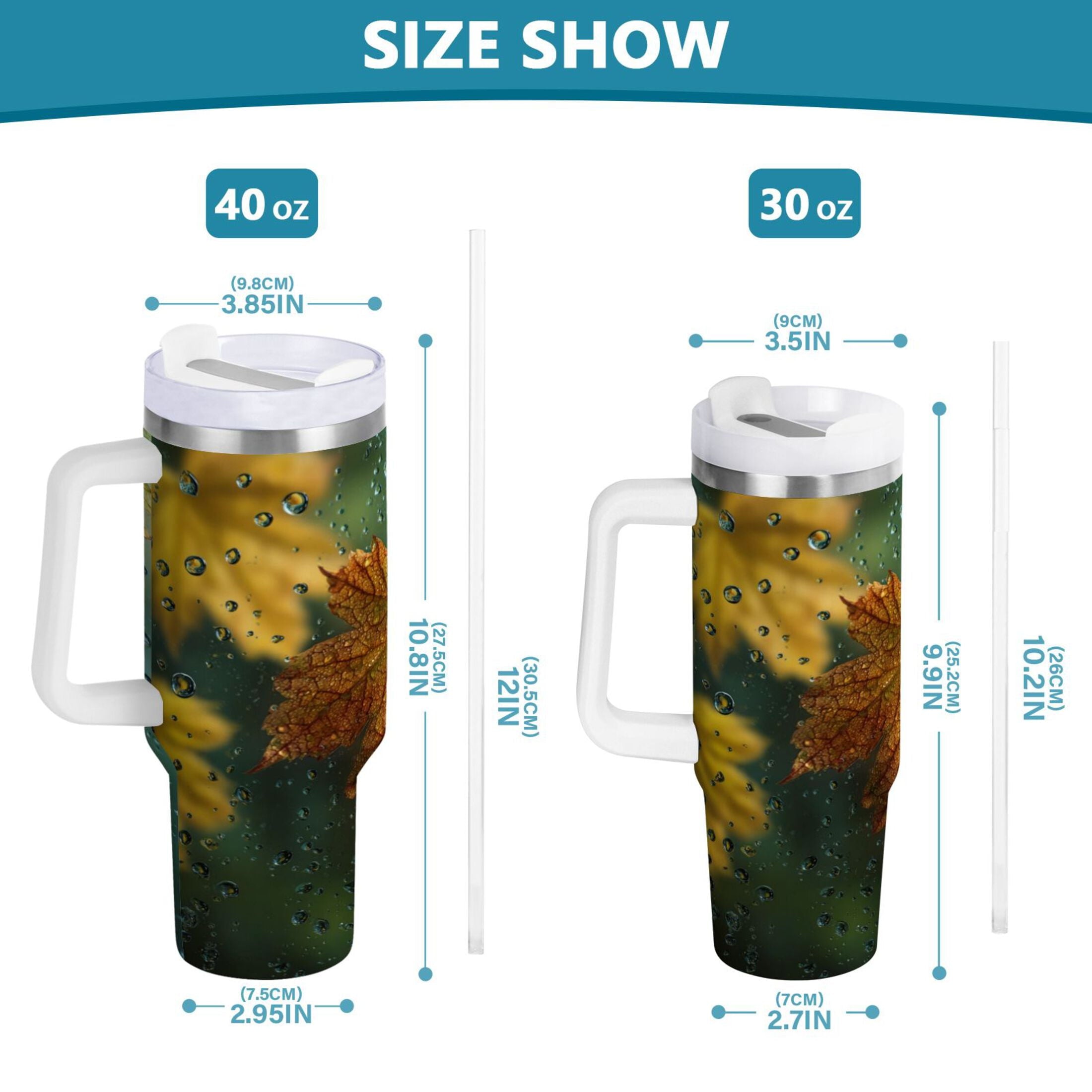 30 oz Insulated Stainless Steel Tumbler Double Wall Stainless Steel Tumbler with 2-Way Drinking Leaves with Water Droplets CYU6