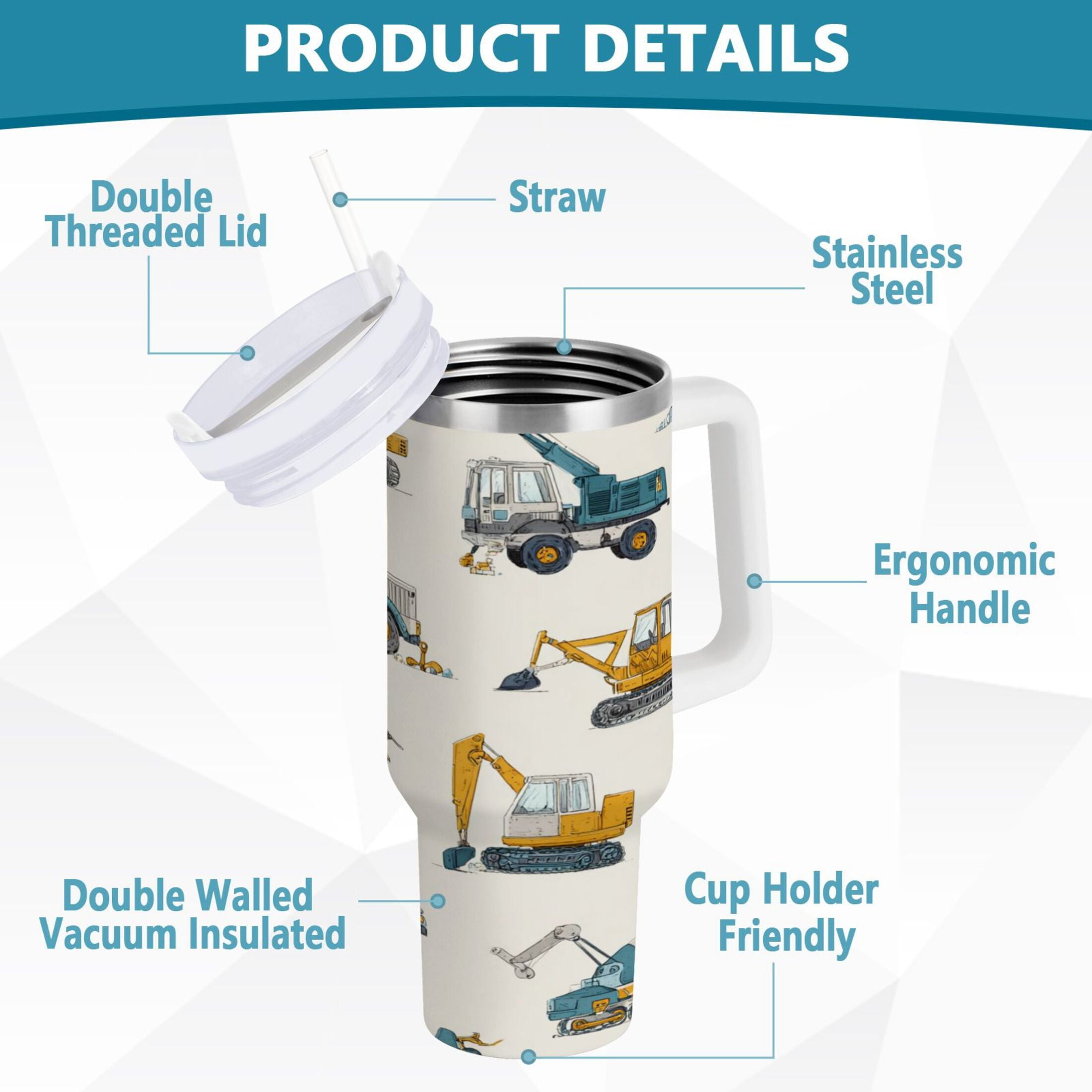 30 oz Insulated Stainless Steel Tumbler Double Wall Stainless Steel Tumbler with 2-Way Drinking Engineering Vehicle Pattern Q6S6