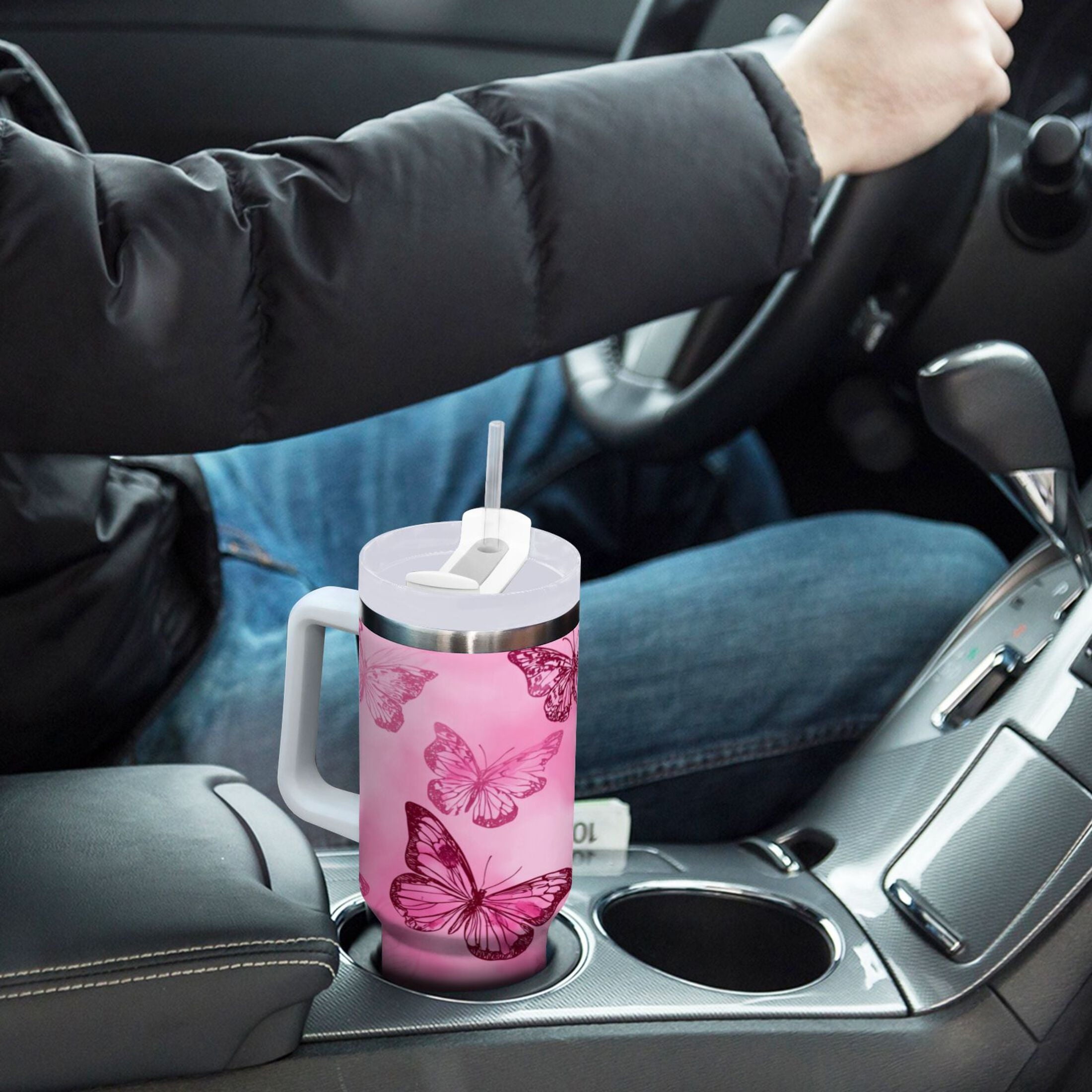 40 oz Insulated Stainless Steel Tumbler Double Wall Stainless Steel Tumbler with 2-Way Drinking Pink Butterfly Pattern SLZ4