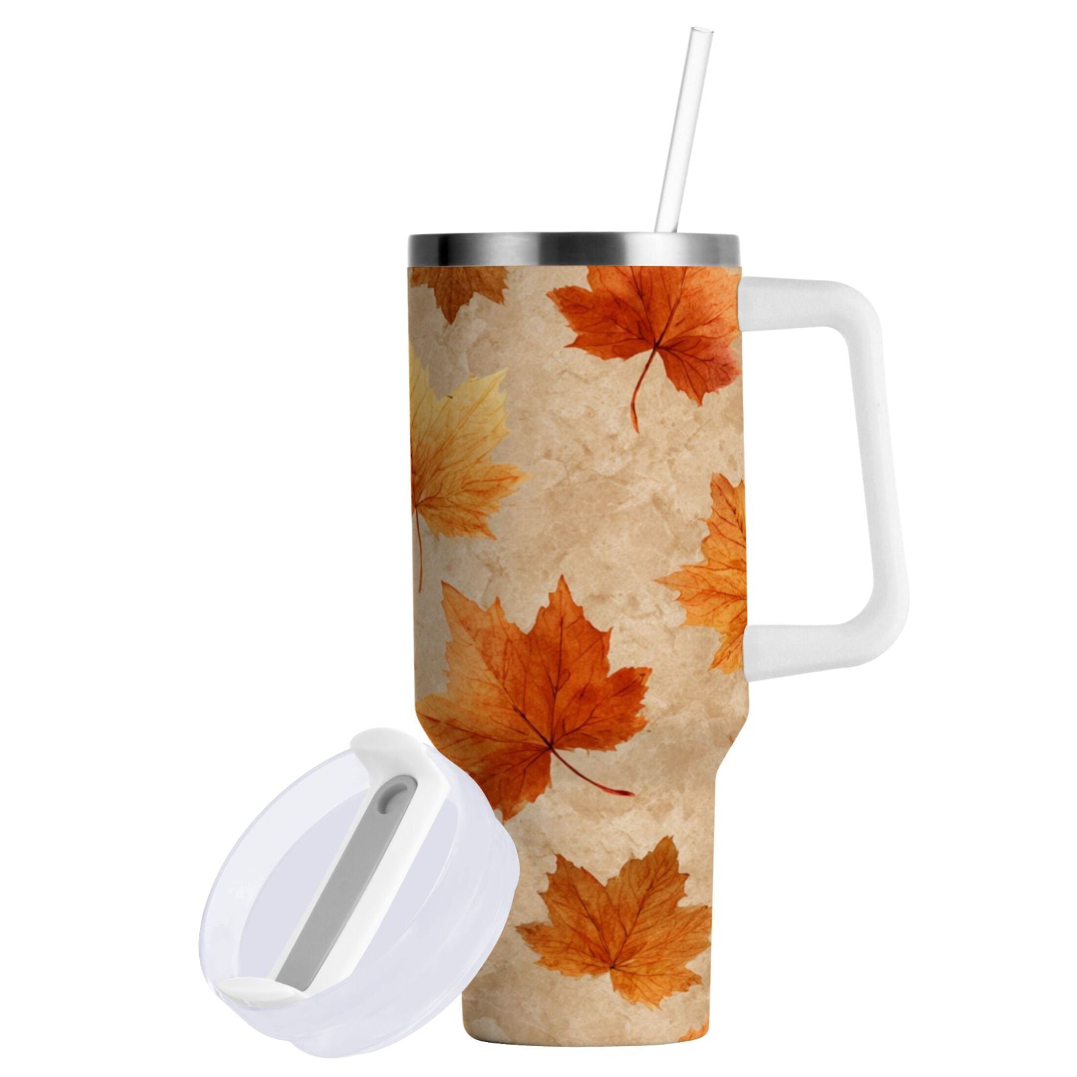 40 oz Insulated Stainless Steel Tumbler Double Wall Stainless Steel Tumbler with 2-Way Drinking Orange Autumn Leaves Pattern AMCW