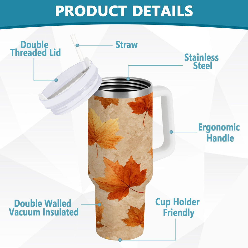 40 oz Insulated Stainless Steel Tumbler Double Wall Stainless Steel Tumbler with 2-Way Drinking Orange Autumn Leaves Pattern AMCW