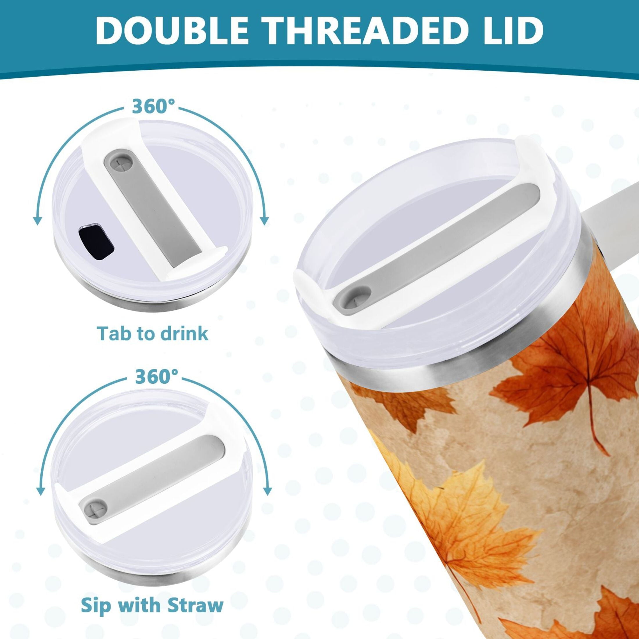 40 oz Insulated Stainless Steel Tumbler Double Wall Stainless Steel Tumbler with 2-Way Drinking Orange Autumn Leaves Pattern AMCW
