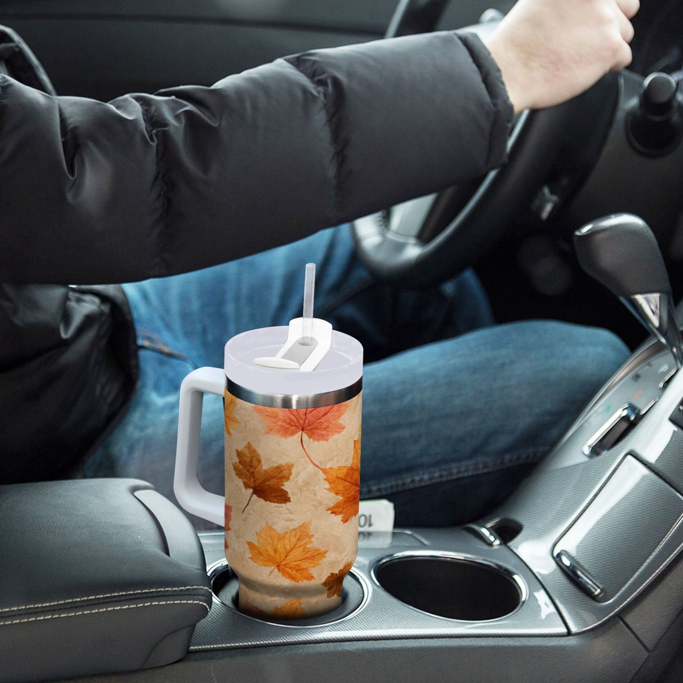 40 oz Insulated Stainless Steel Tumbler Double Wall Stainless Steel Tumbler with 2-Way Drinking Orange Autumn Leaves Pattern AMCW