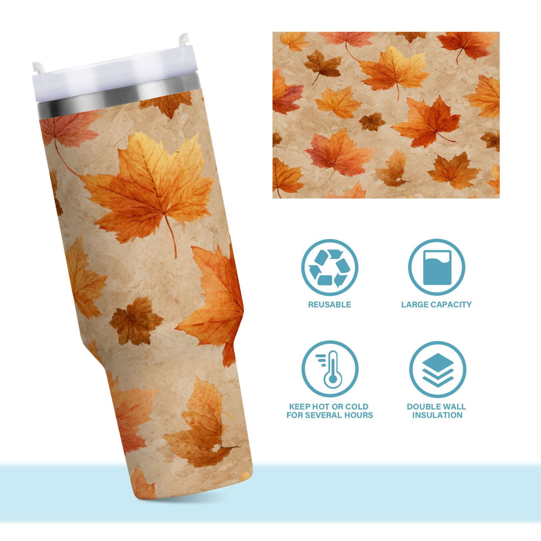 40 oz Insulated Stainless Steel Tumbler Double Wall Stainless Steel Tumbler with 2-Way Drinking Orange Autumn Leaves Pattern AMCW